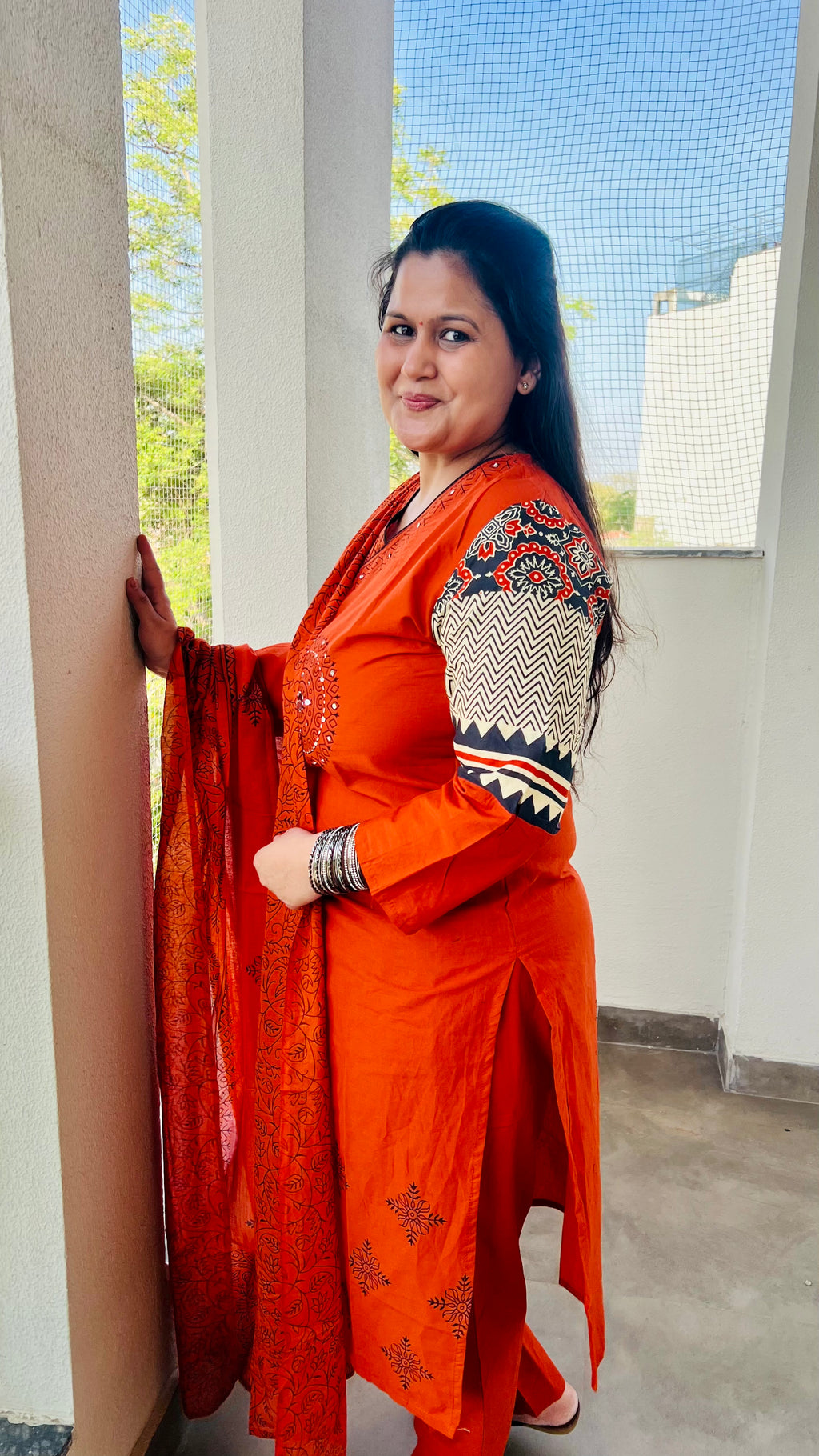 Rust Orange Printed Cotton Kurta Suit Set