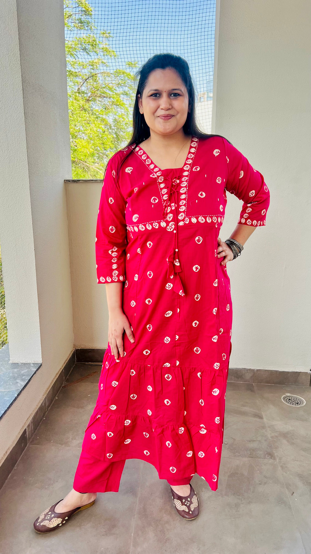 Pink Printed Cotton Suit Set with front dori