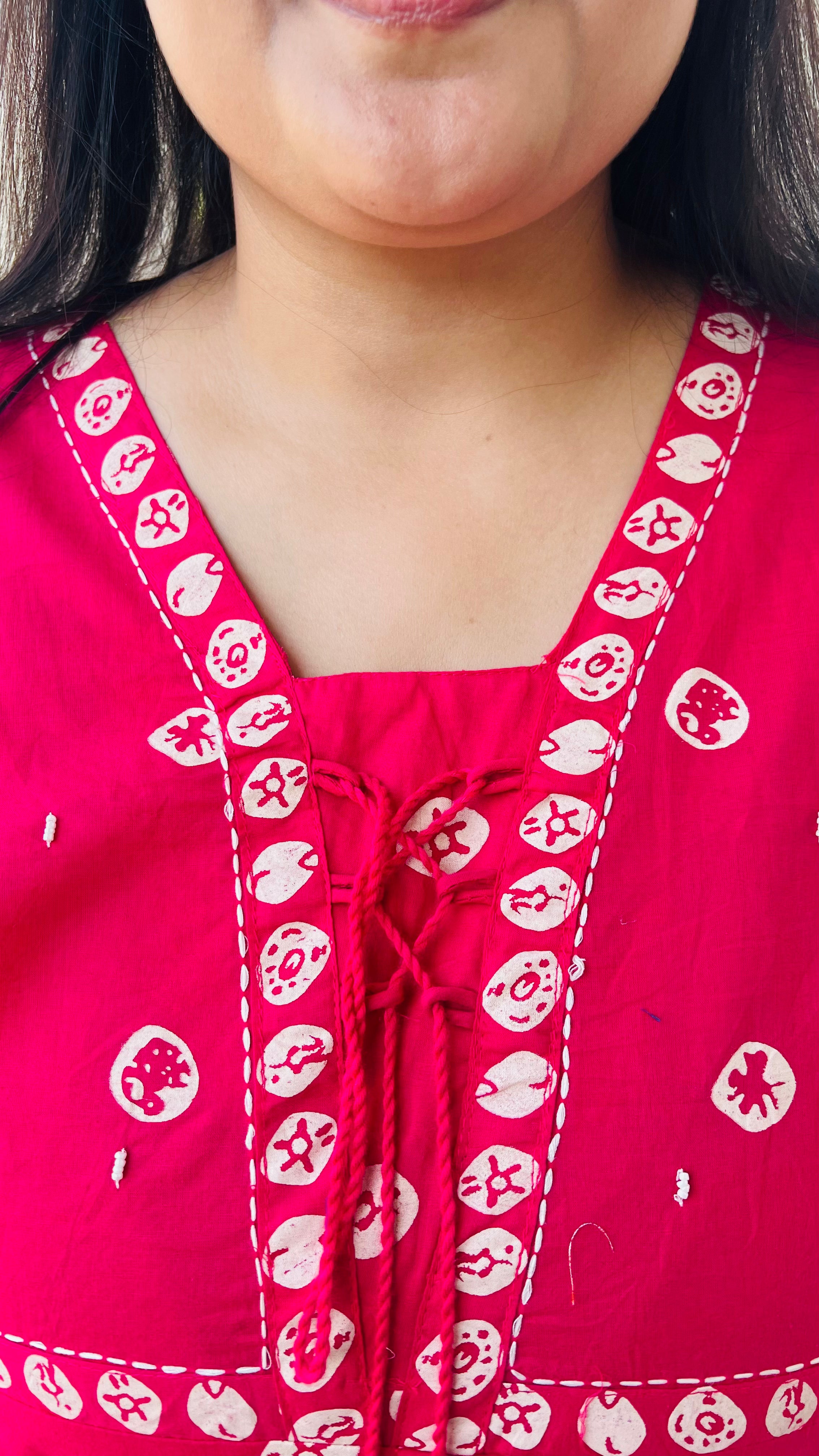 Pink Printed Cotton Suit Set with front dori