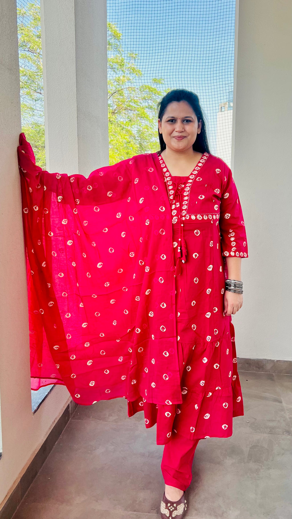 Pink Printed Cotton Suit Set with front dori