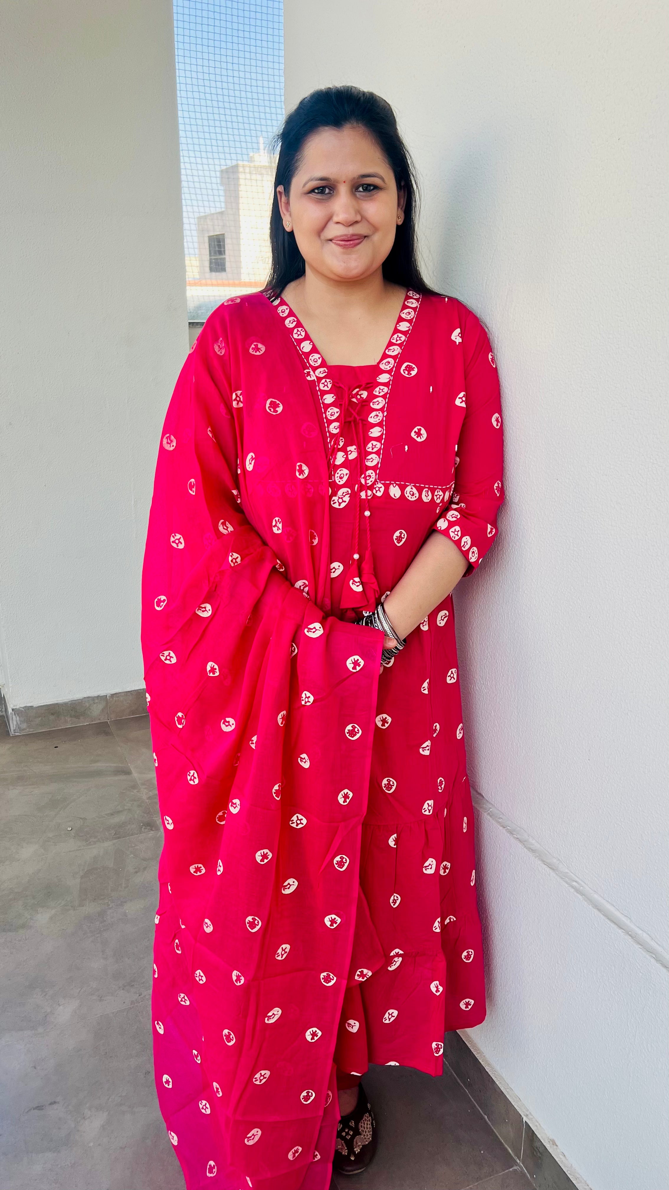 Pink Printed Cotton Suit Set with front dori