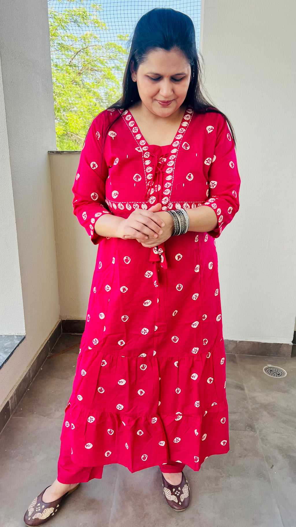 Pink Printed Cotton Suit Set with front dori