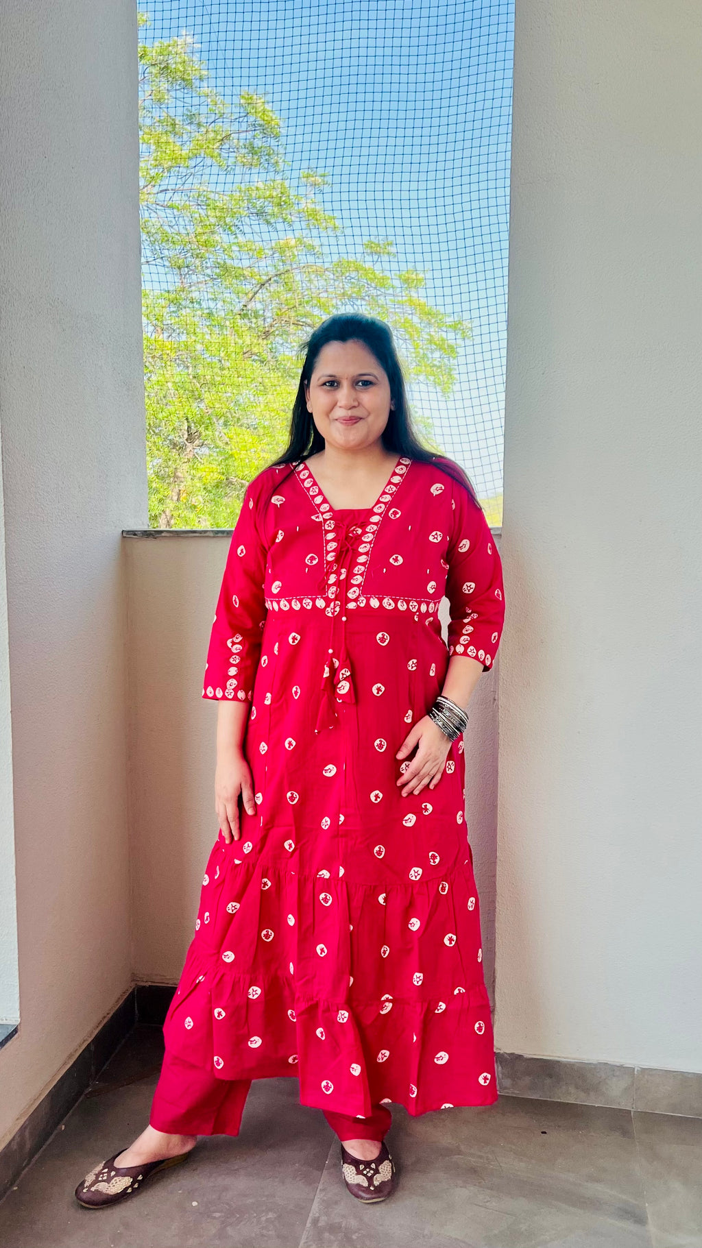 Pink Printed Cotton Suit Set with front dori