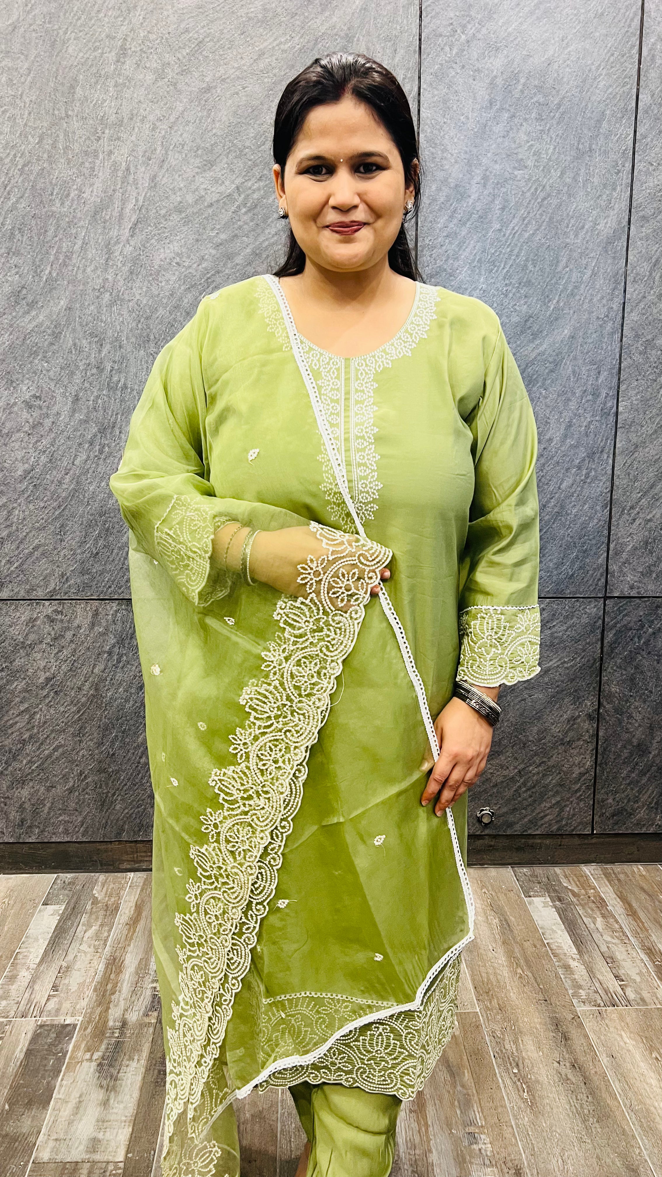 Green Suit Set with Embroidery on Kurta & Organza Dupatta