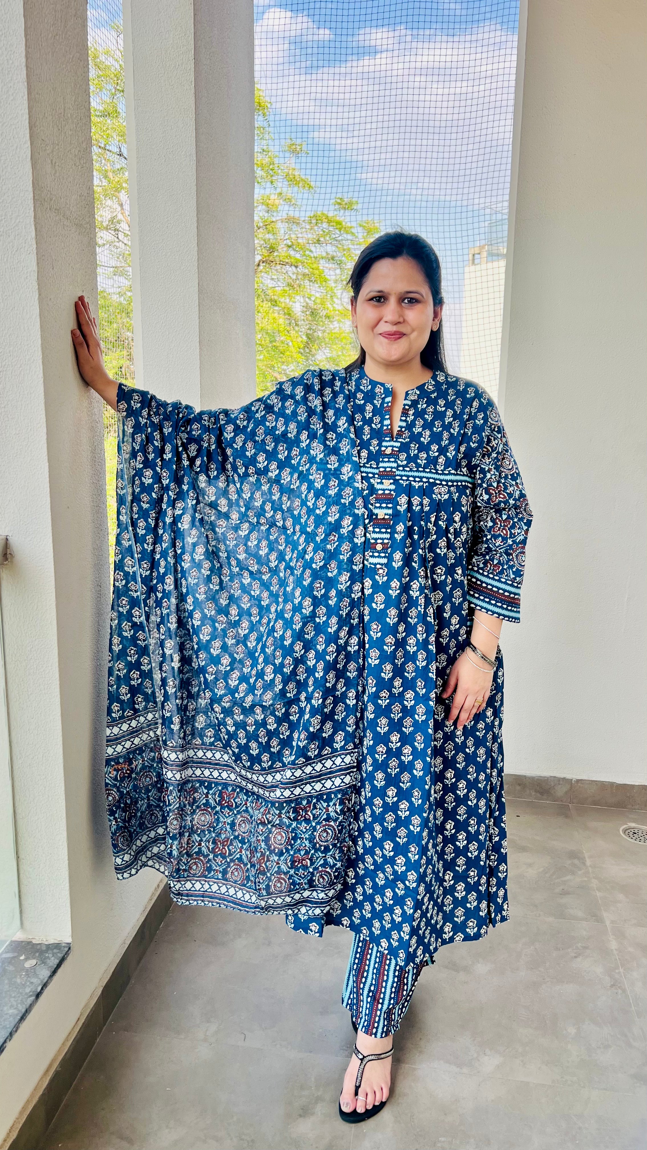 Blue Printed Cotton Suit Set