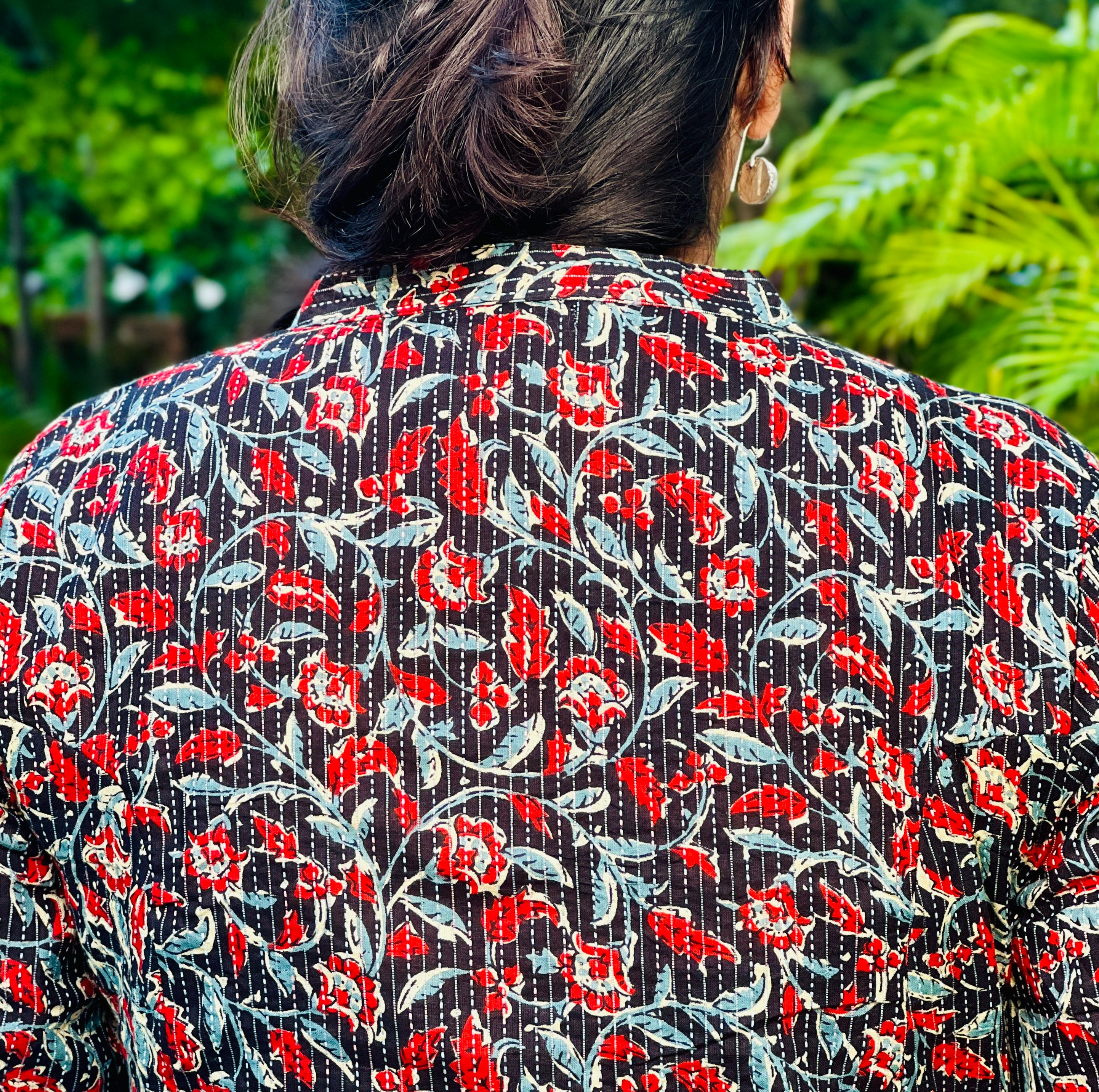 Black Kantha Printed Cotton A-Line Kurta