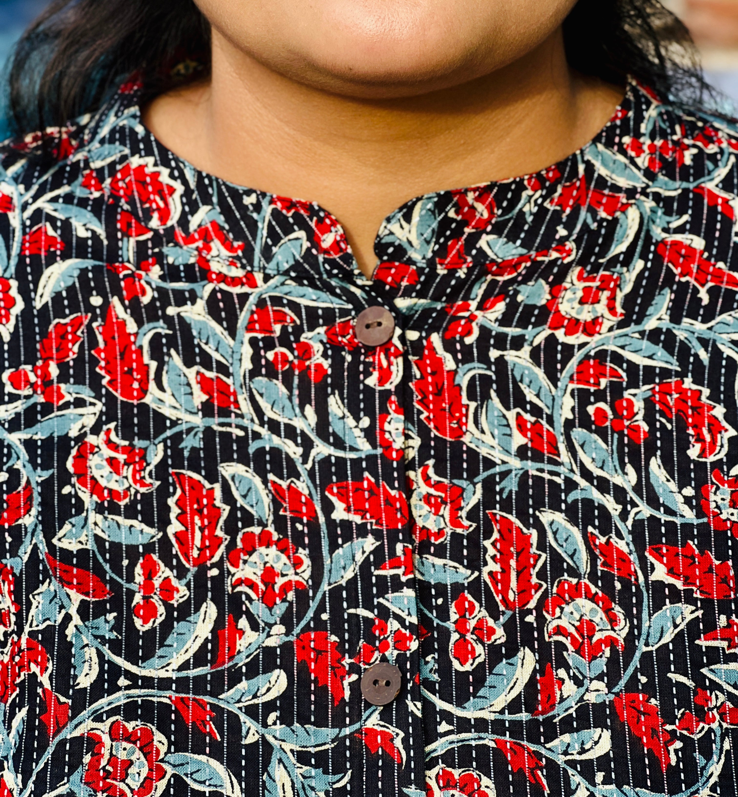 Black Kantha Printed Cotton A-Line Kurta