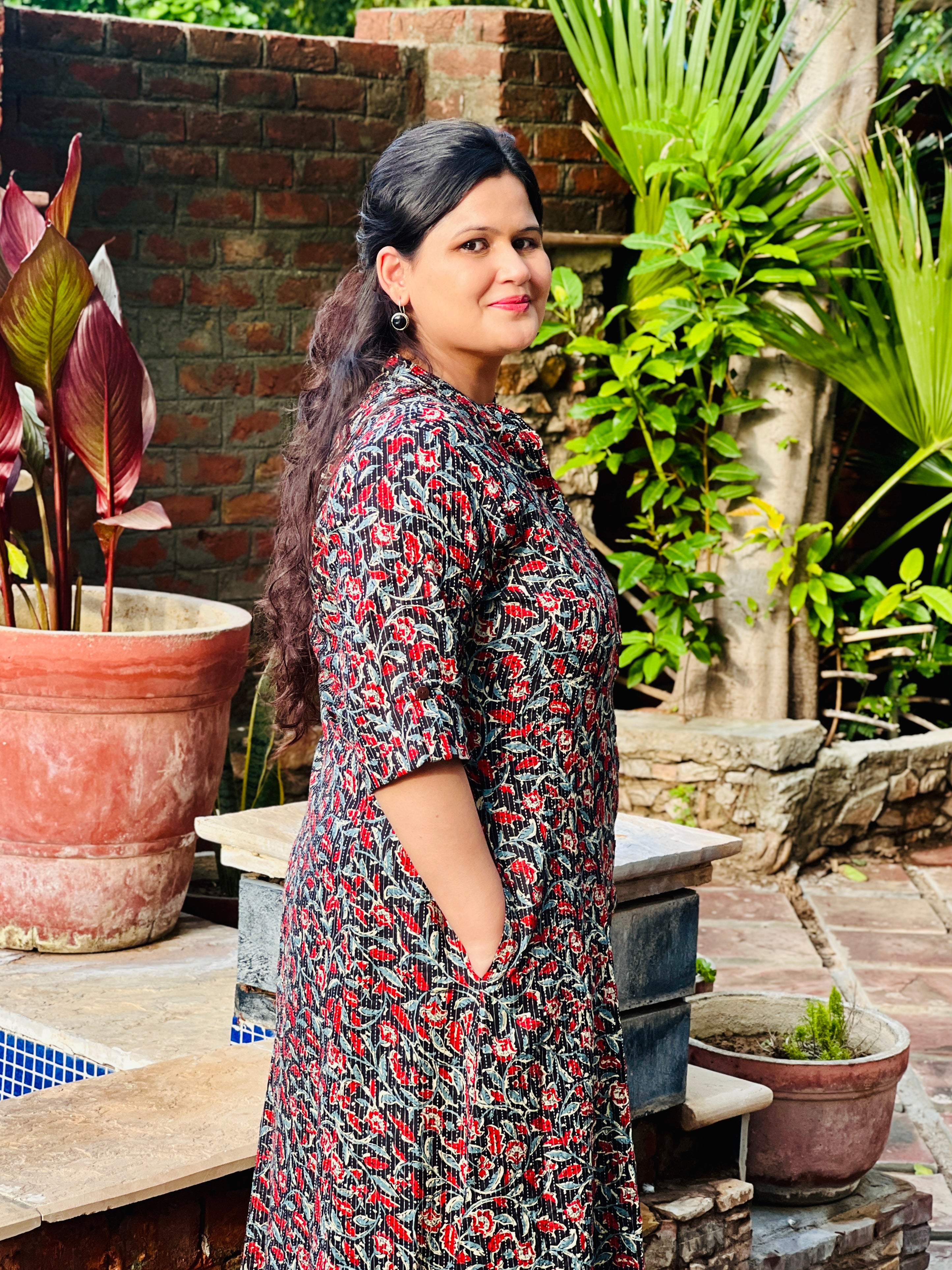 Black Kantha Printed Cotton A-Line Kurta