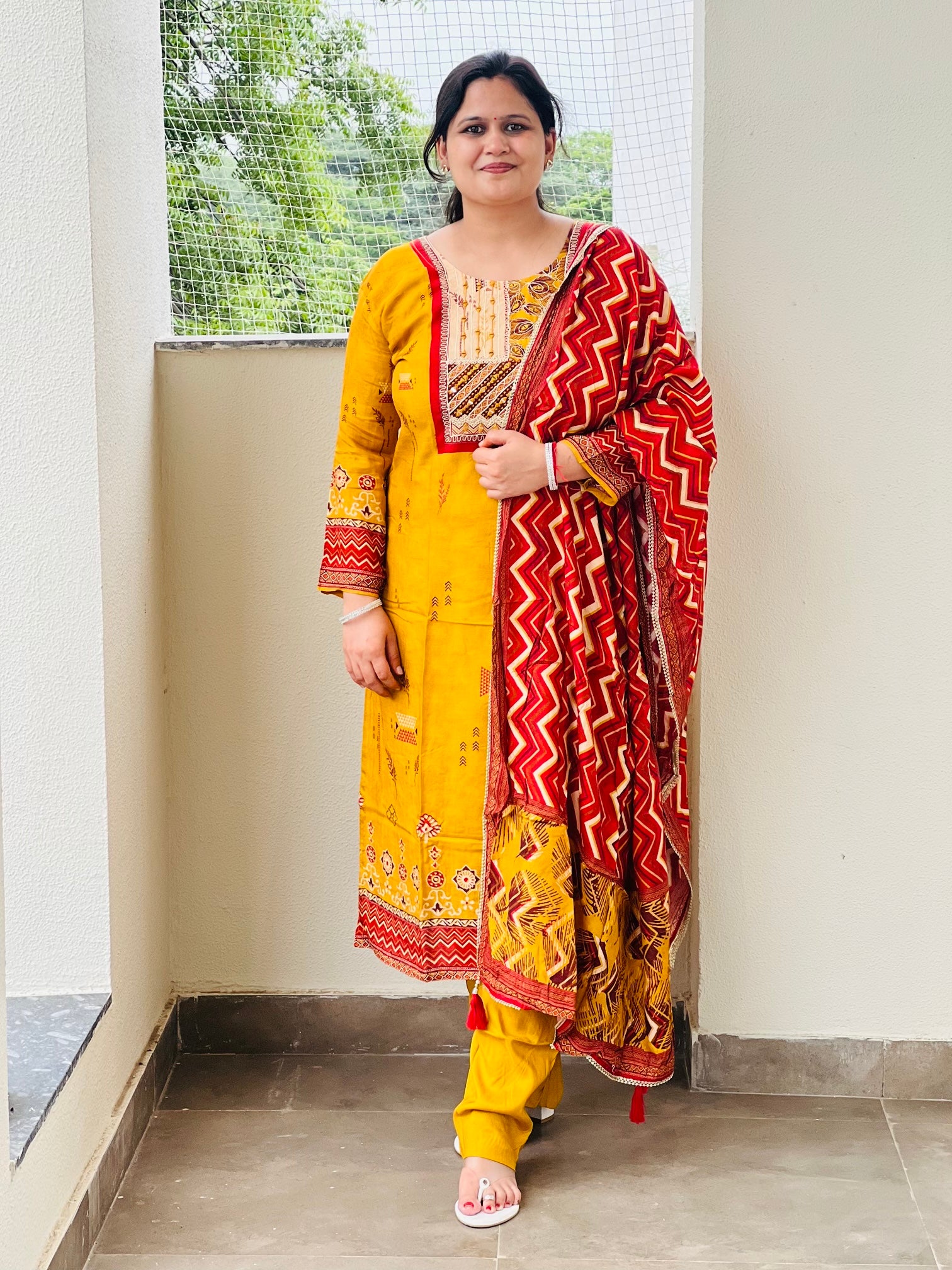 Mustard Muslin Suit Set with Red Dupatta