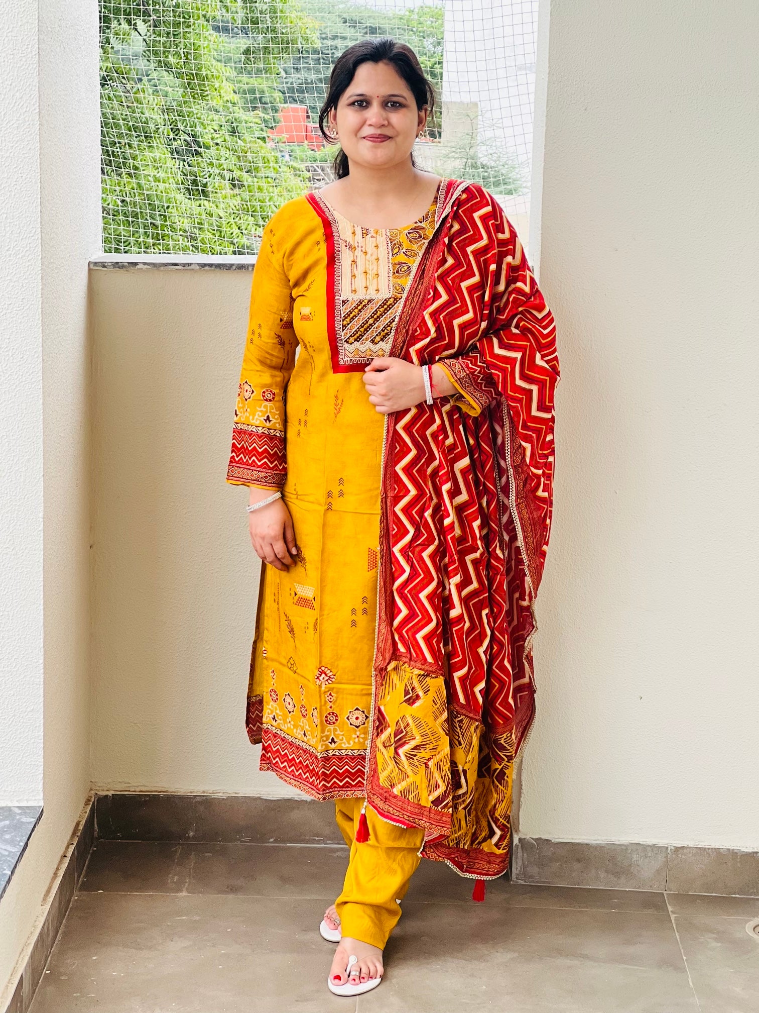 Mustard Muslin Suit Set with Red Dupatta
