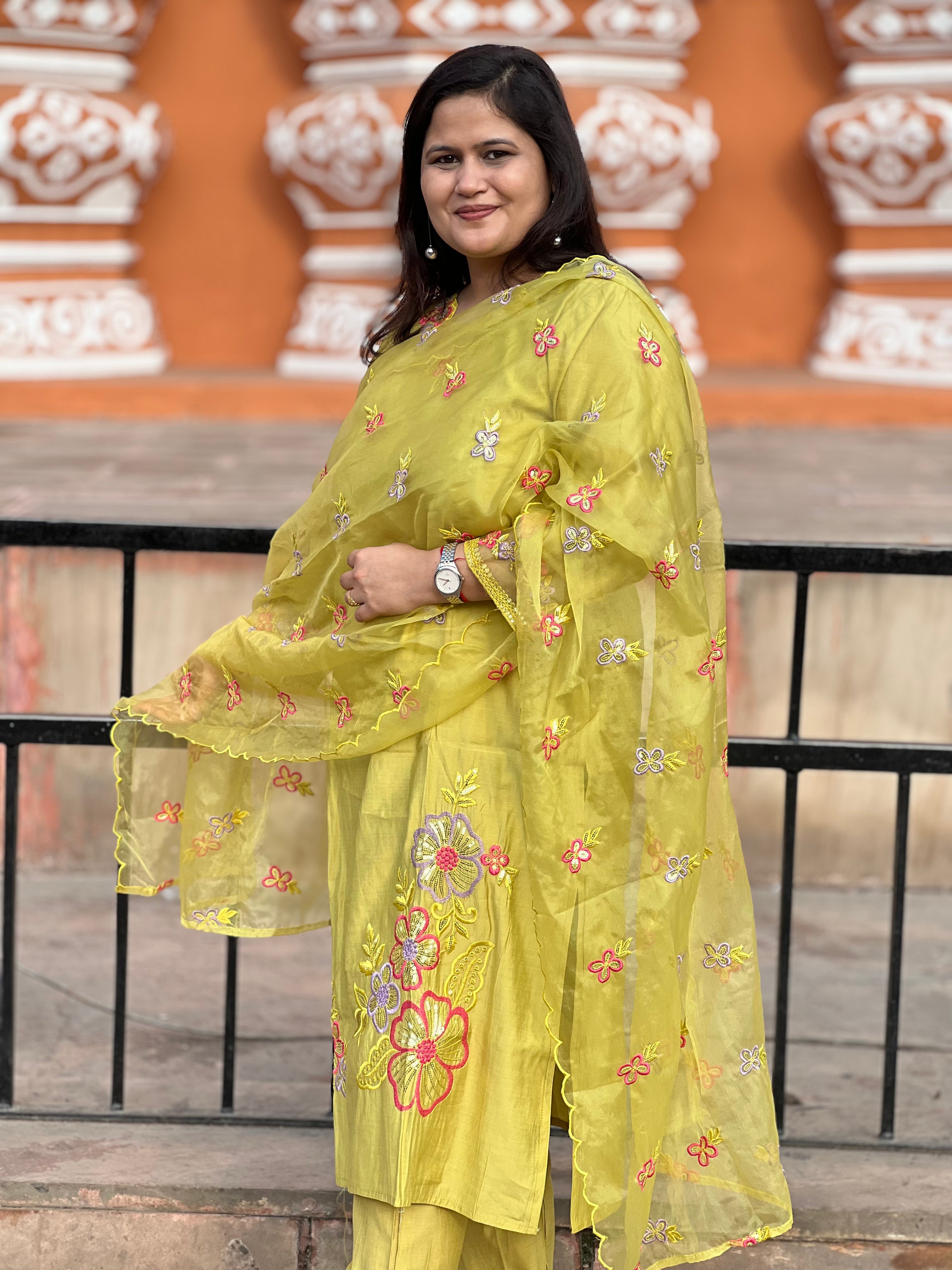 Seige Suit Set with Organza Dupatta