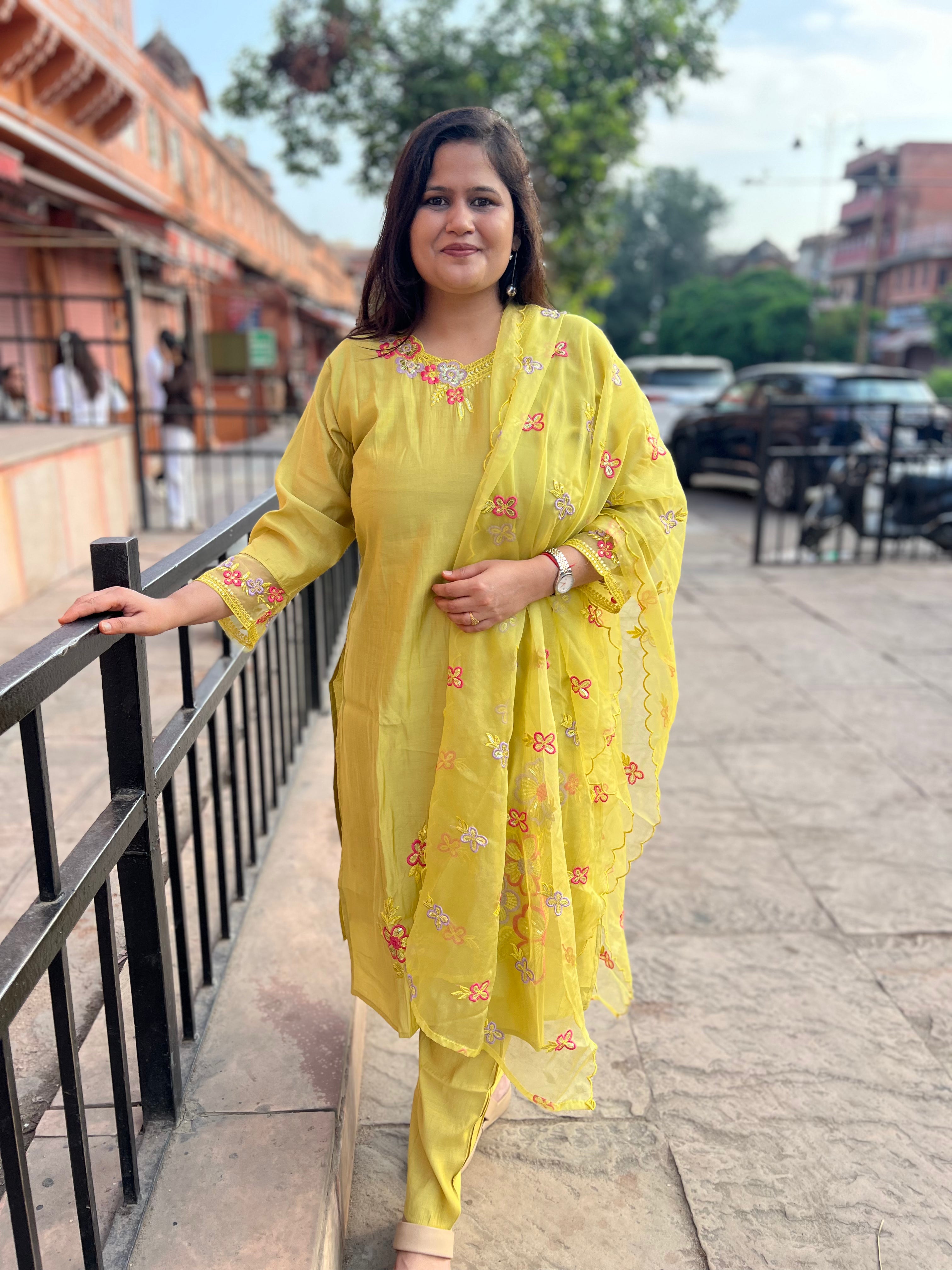 Seige Suit Set with Organza Dupatta