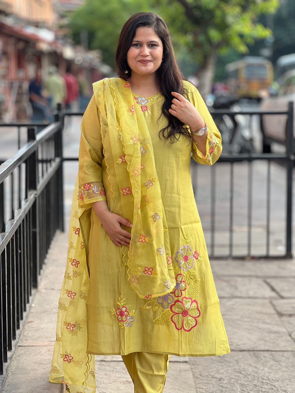Seige Suit Set with Organza Dupatta