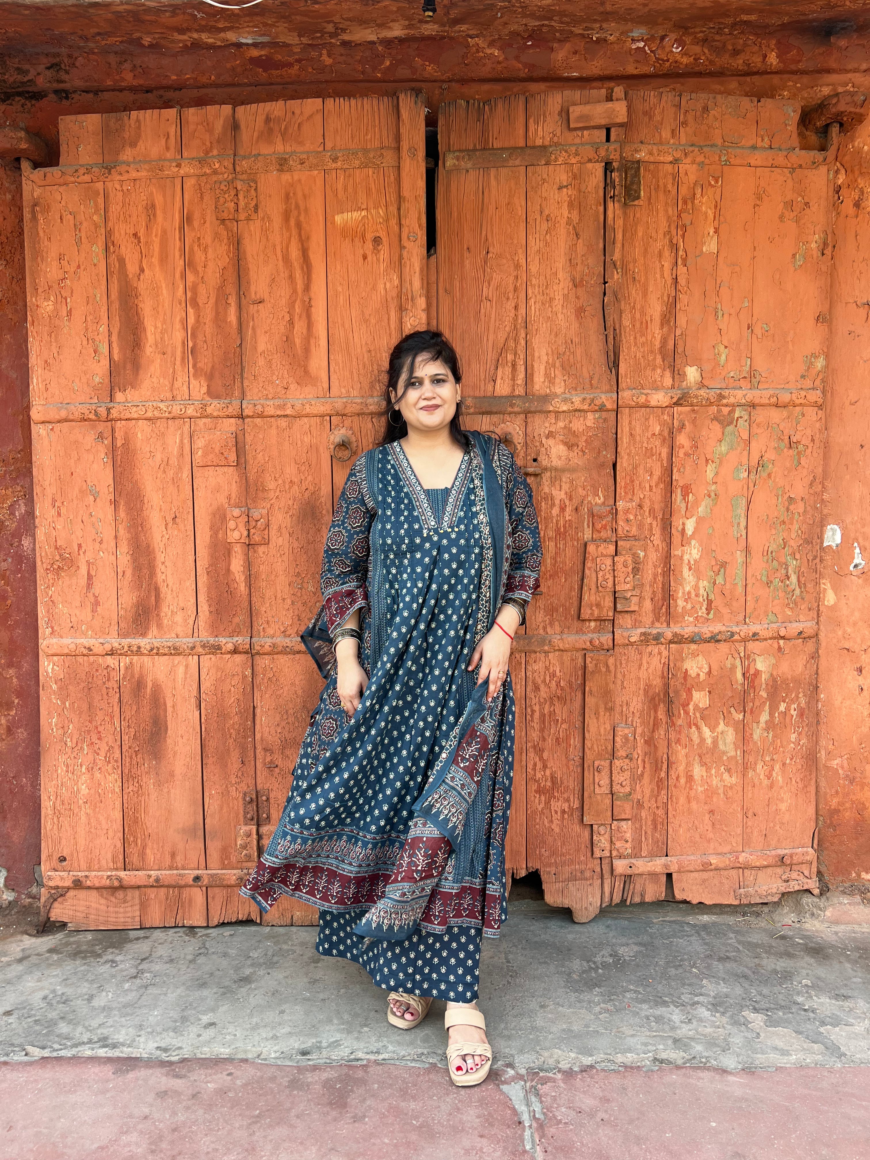 Blue Printed Premium Cotton Suit Set With Minimal Handwork