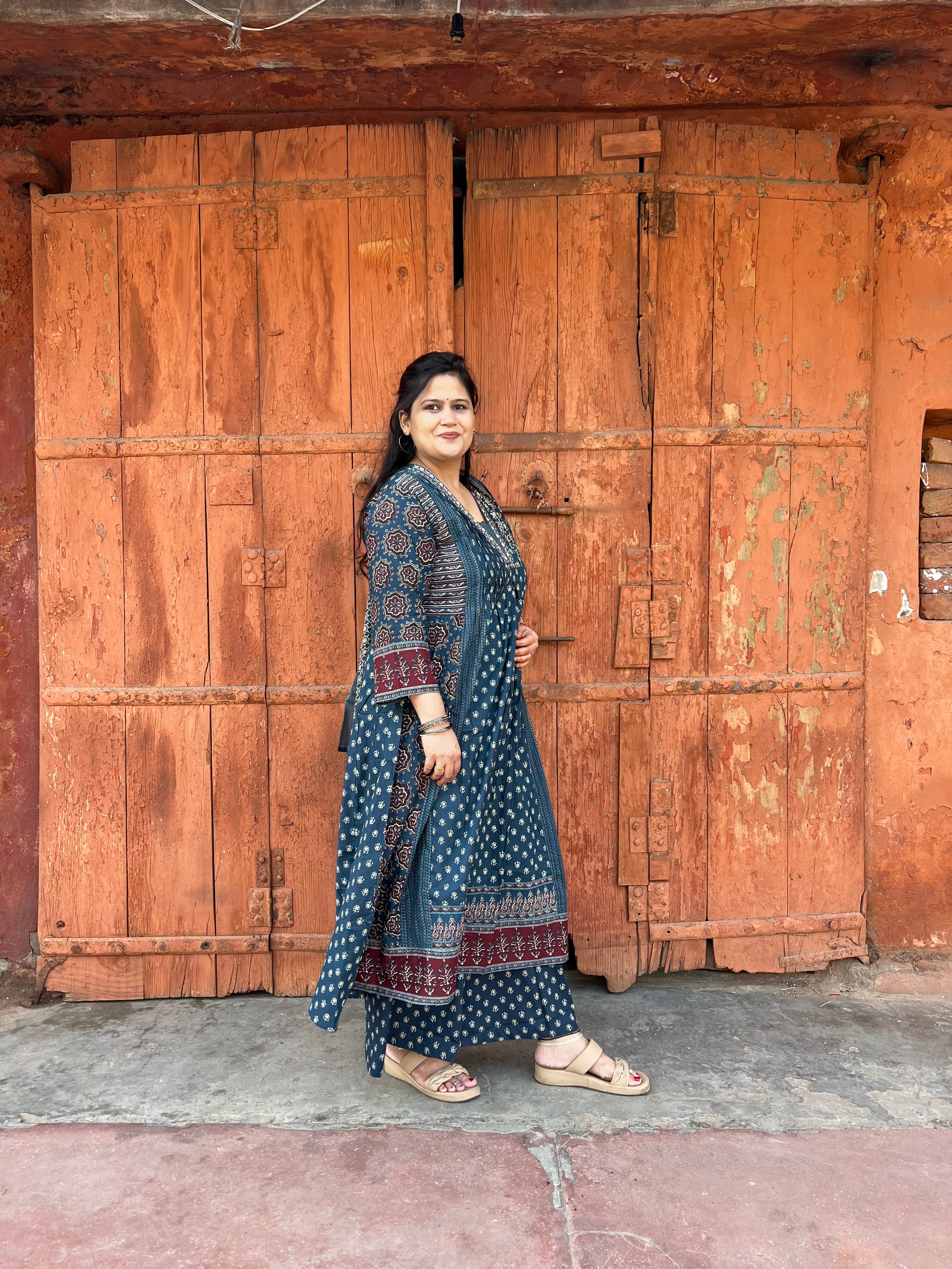 Blue Printed Premium Cotton Suit Set With Minimal Handwork