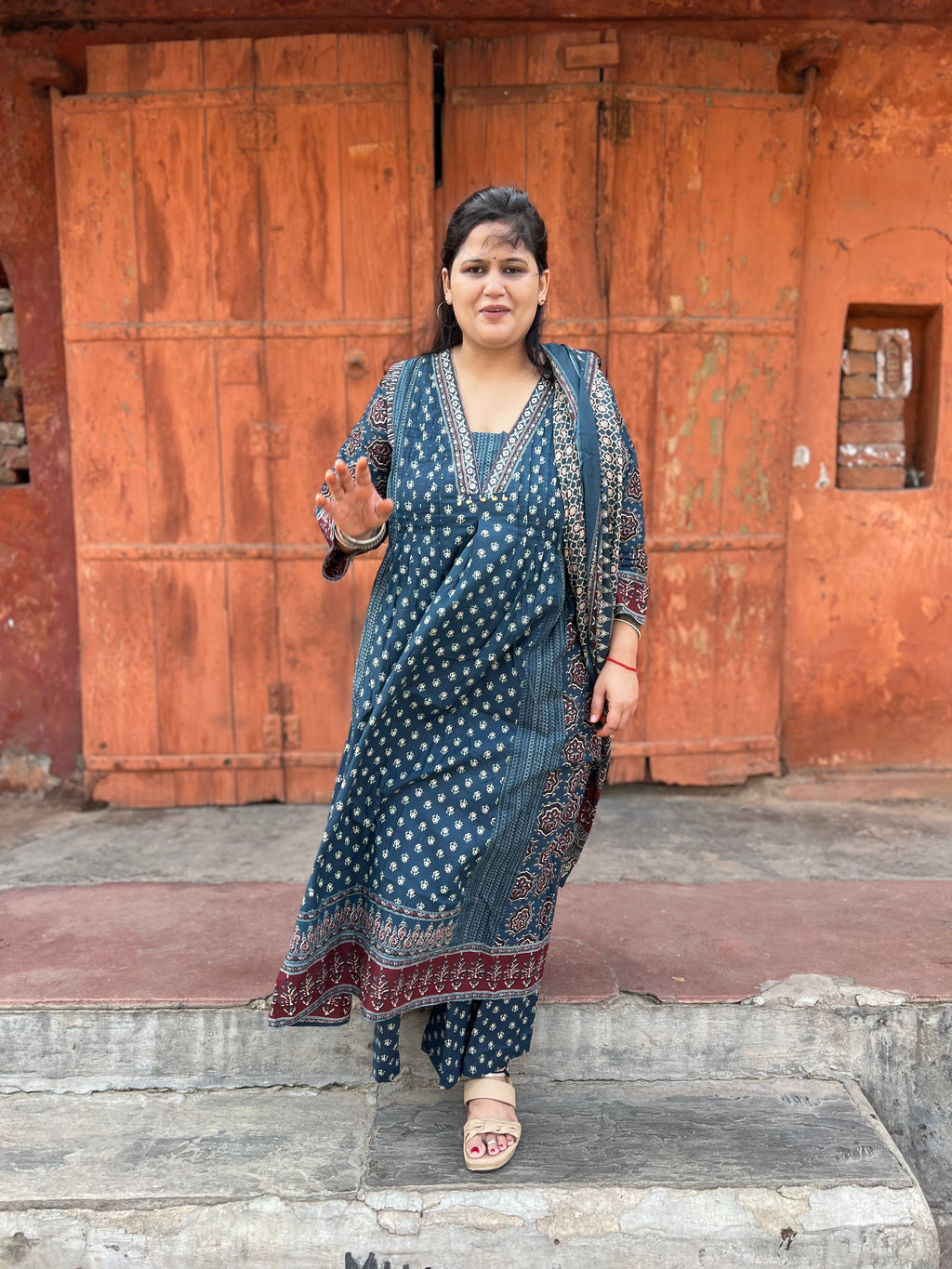 Blue Printed Premium Cotton Suit Set With Minimal Handwork