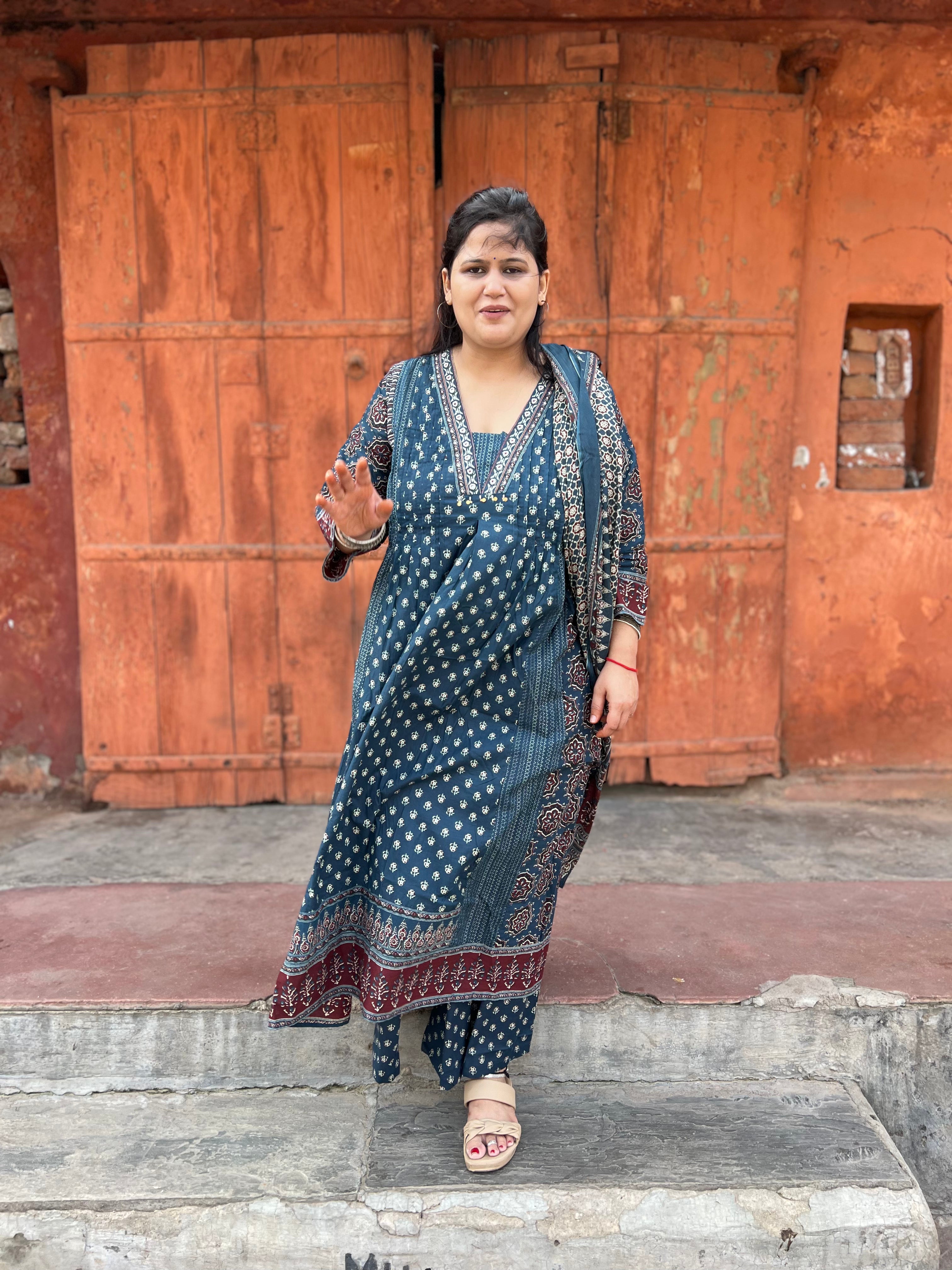 Blue Printed Premium Cotton Suit Set With Minimal Handwork