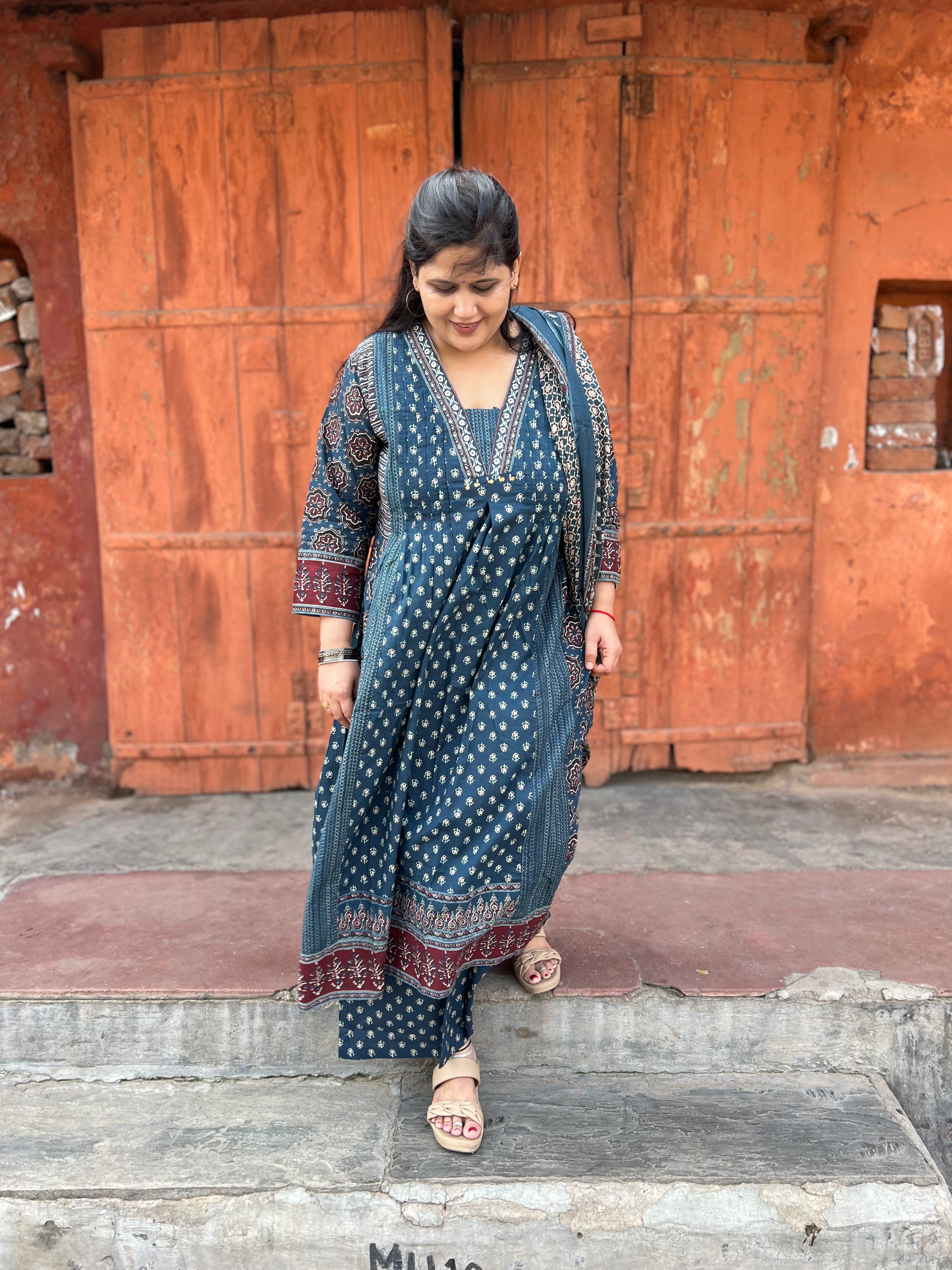 Blue Printed Premium Cotton Suit Set With Minimal Handwork