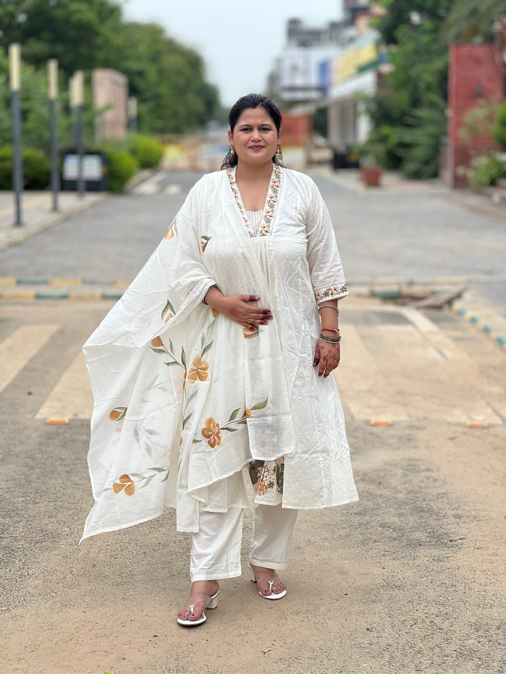 White Embroidered Soft Cotton Suit Set With Hand Painted Dupatta