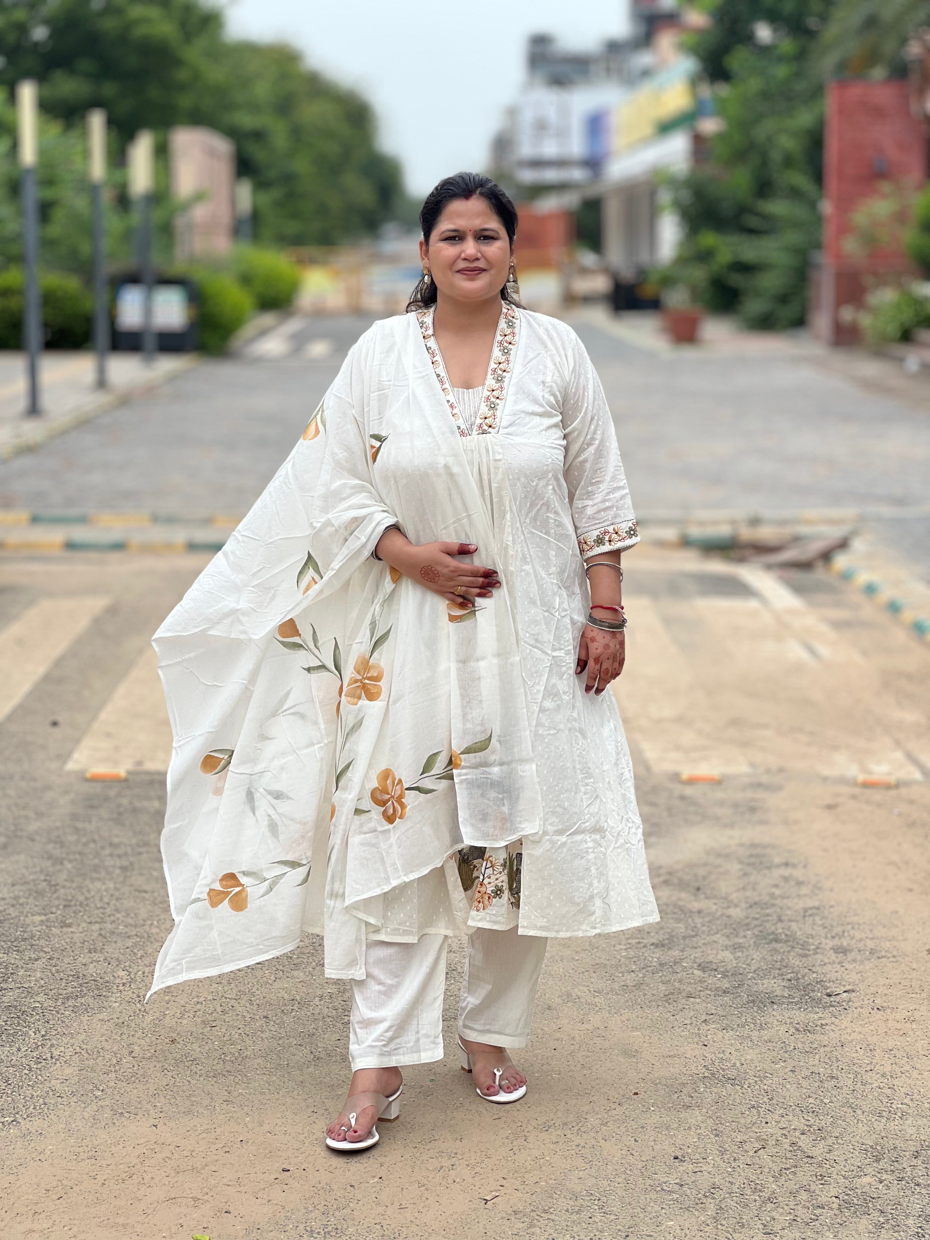 White Embroidered Soft Cotton Suit Set With Hand Painted Dupatta