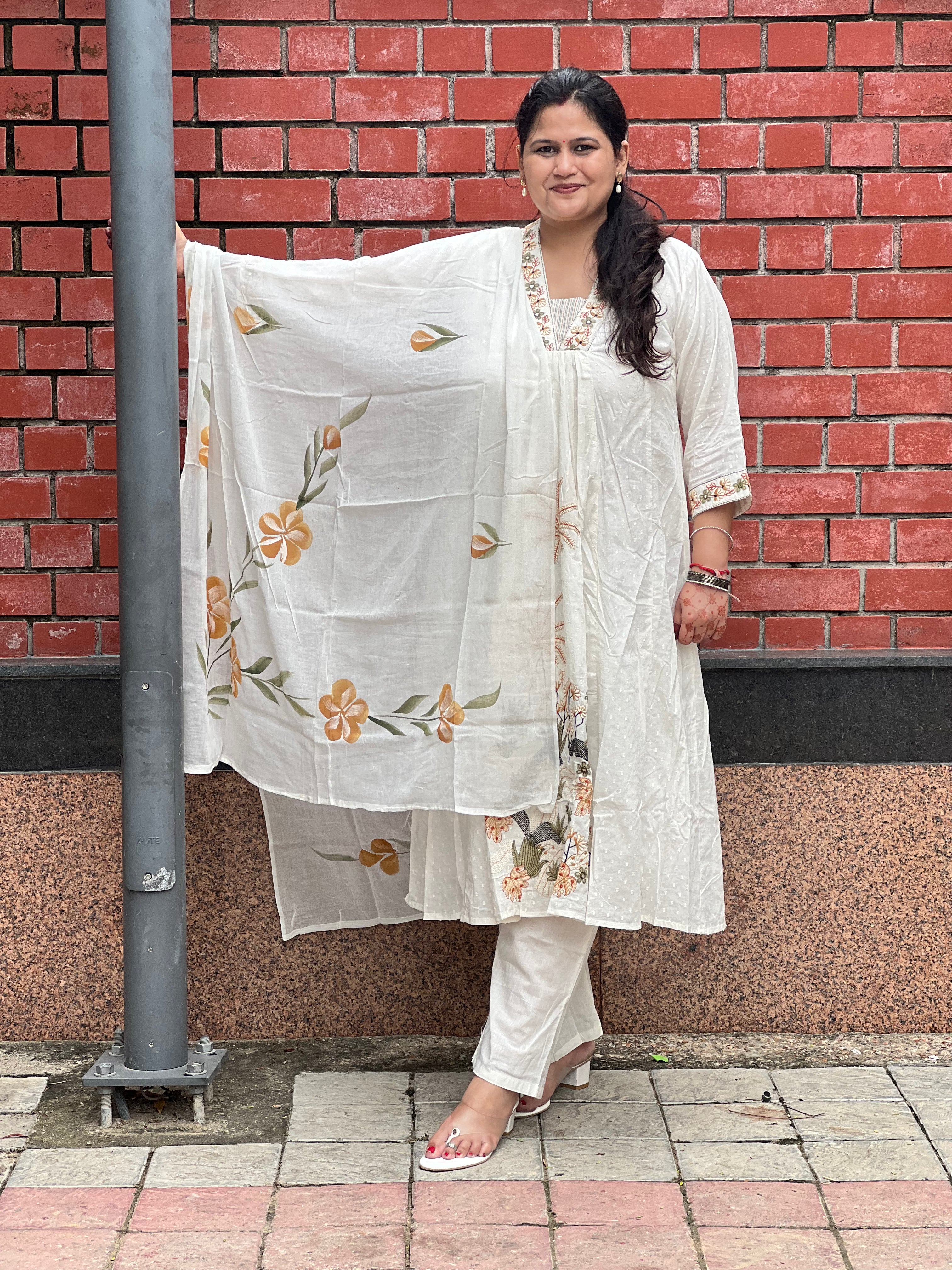White Embroidered Soft Cotton Suit Set With Hand Painted Dupatta