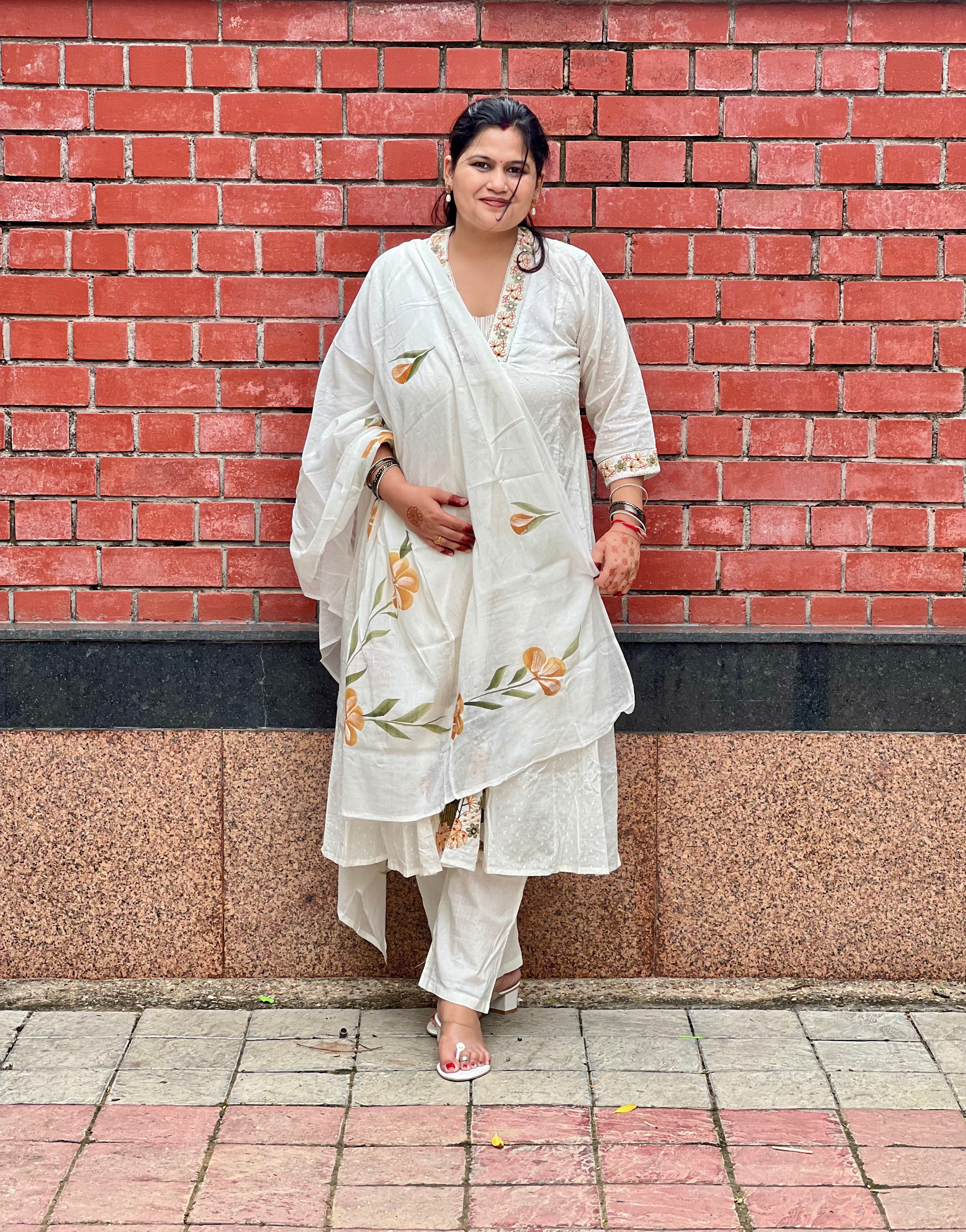 White Embroidered Soft Cotton Suit Set With Hand Painted Dupatta
