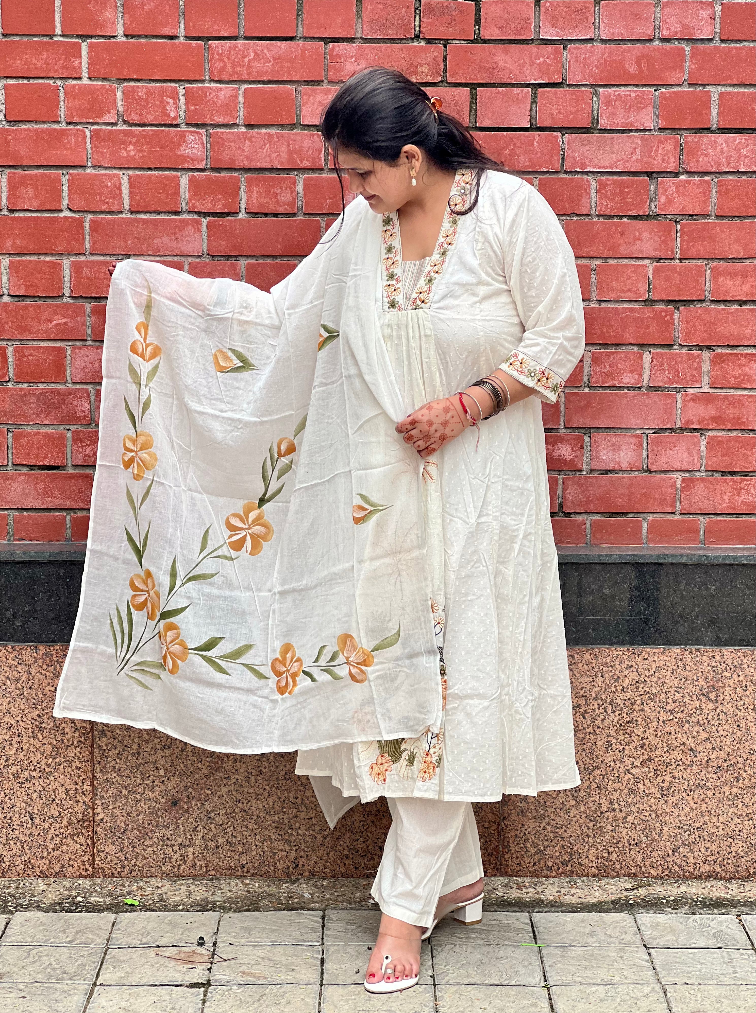 White Embroidered Soft Cotton Suit Set With Hand Painted Dupatta