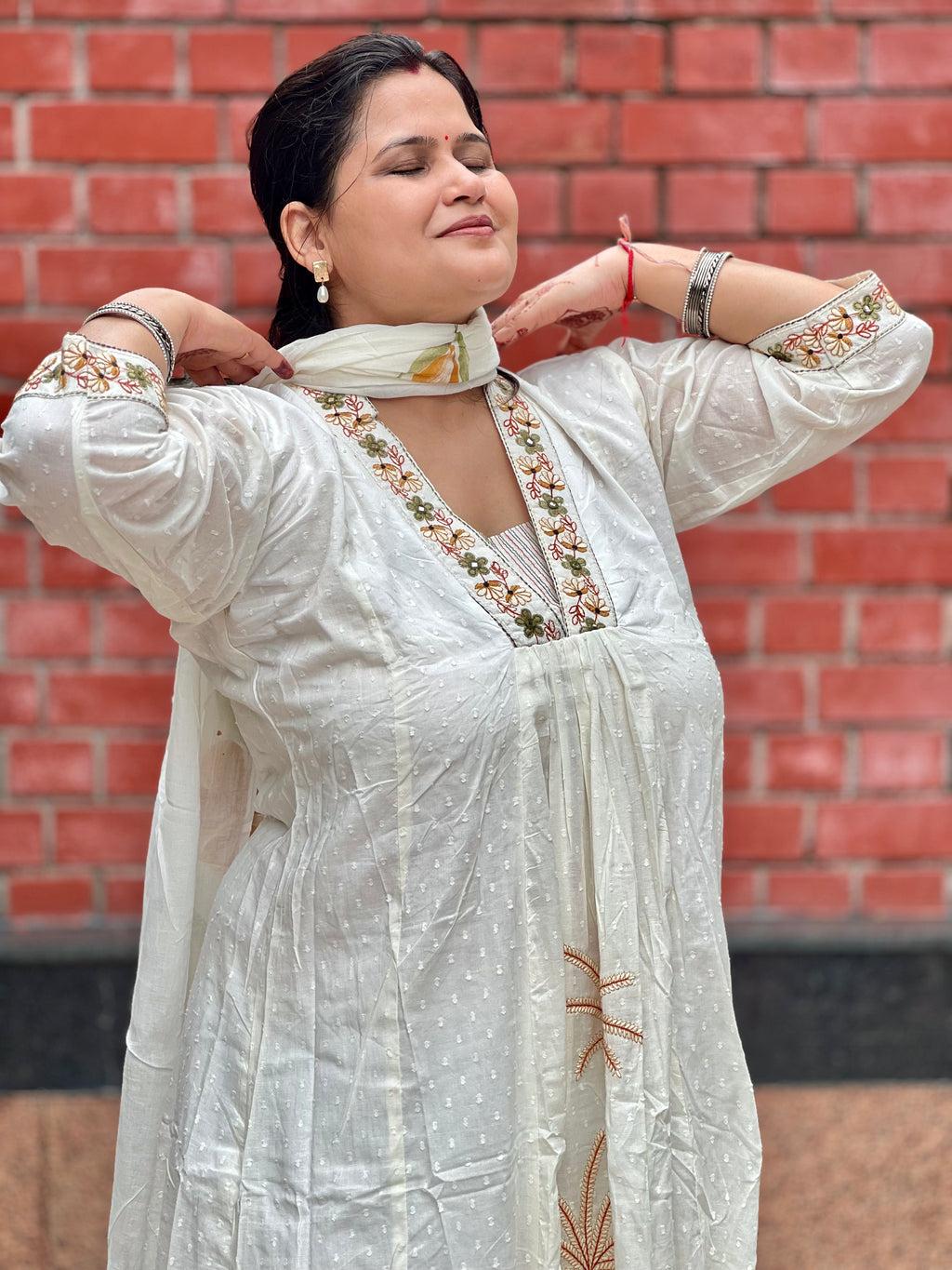 White Embroidered Soft Cotton Suit Set With Hand Painted Dupatta