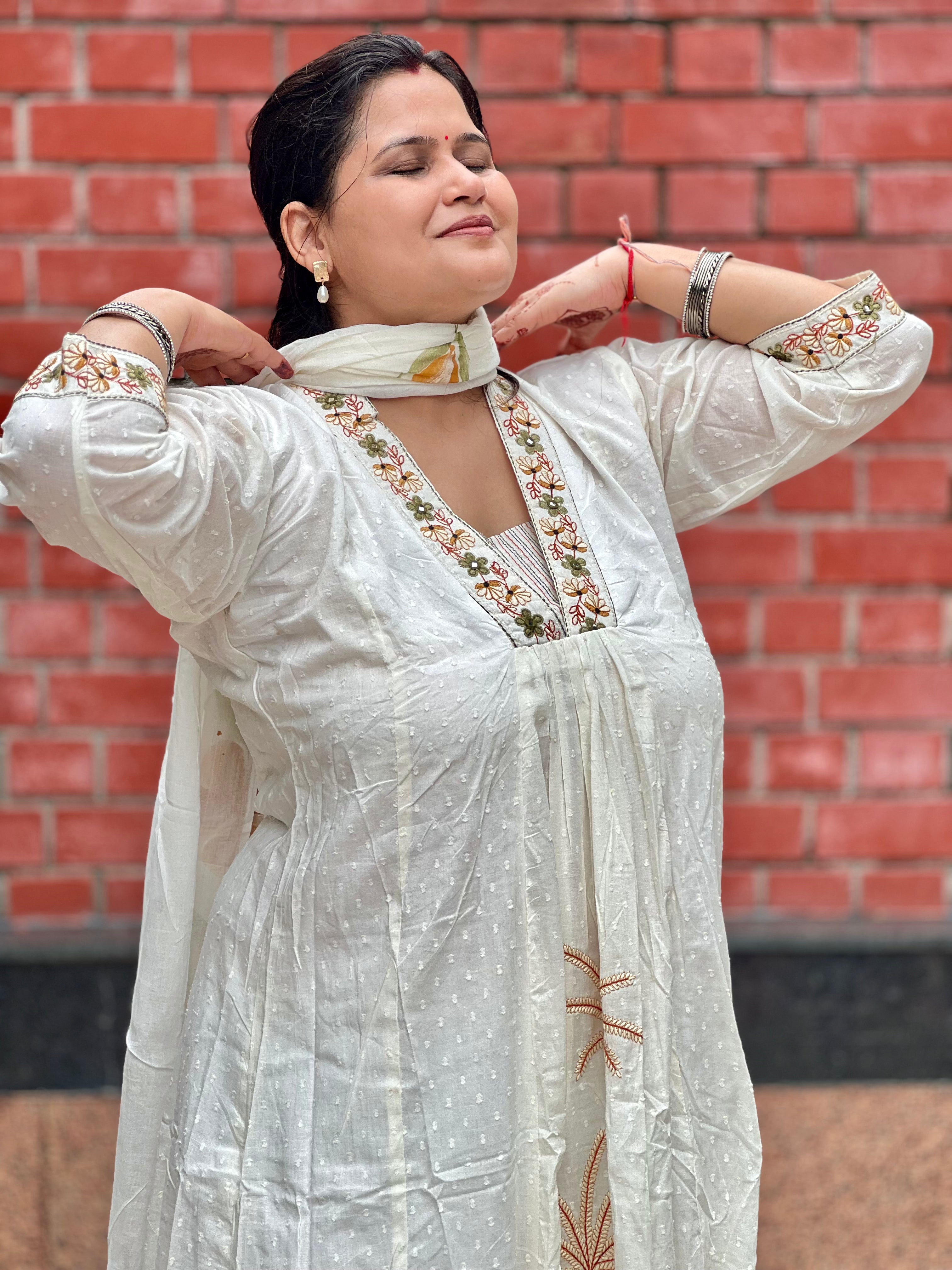 White Embroidered Soft Cotton Suit Set With Hand Painted Dupatta