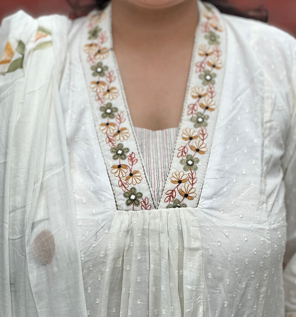 White Embroidered Soft Cotton Suit Set With Hand Painted Dupatta