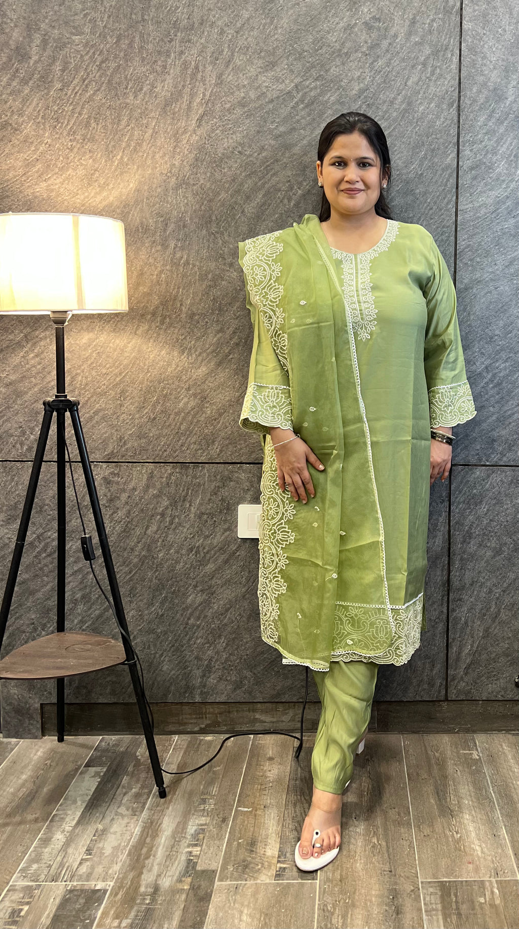 Green Suit Set with Embroidery on Kurta & Organza Dupatta