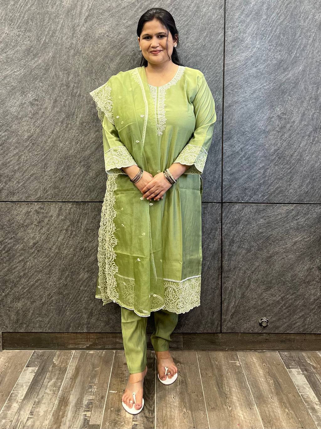 Green Suit Set with Embroidery on Kurta & Organza Dupatta