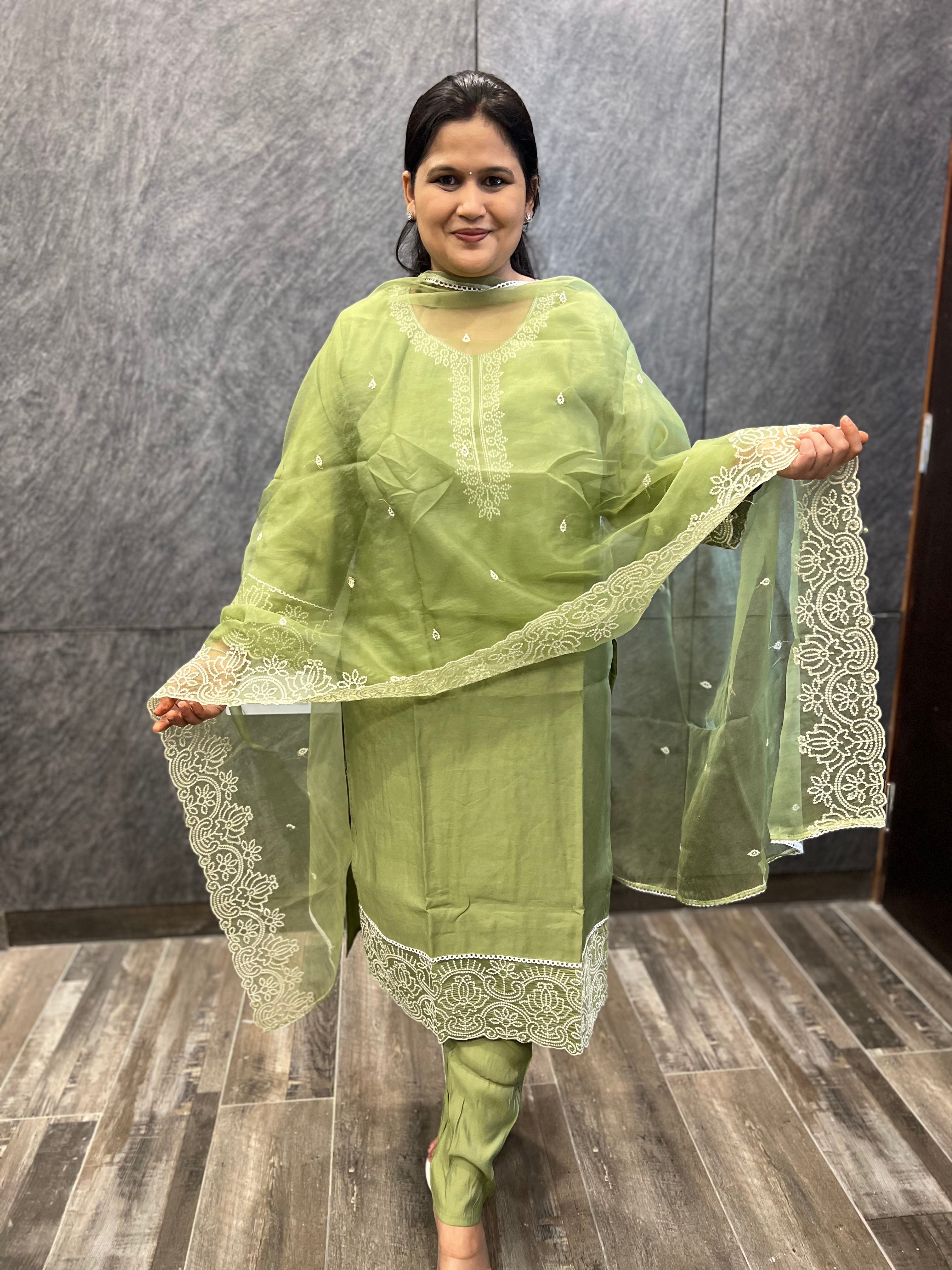 Green Suit Set with Embroidery on Kurta & Organza Dupatta