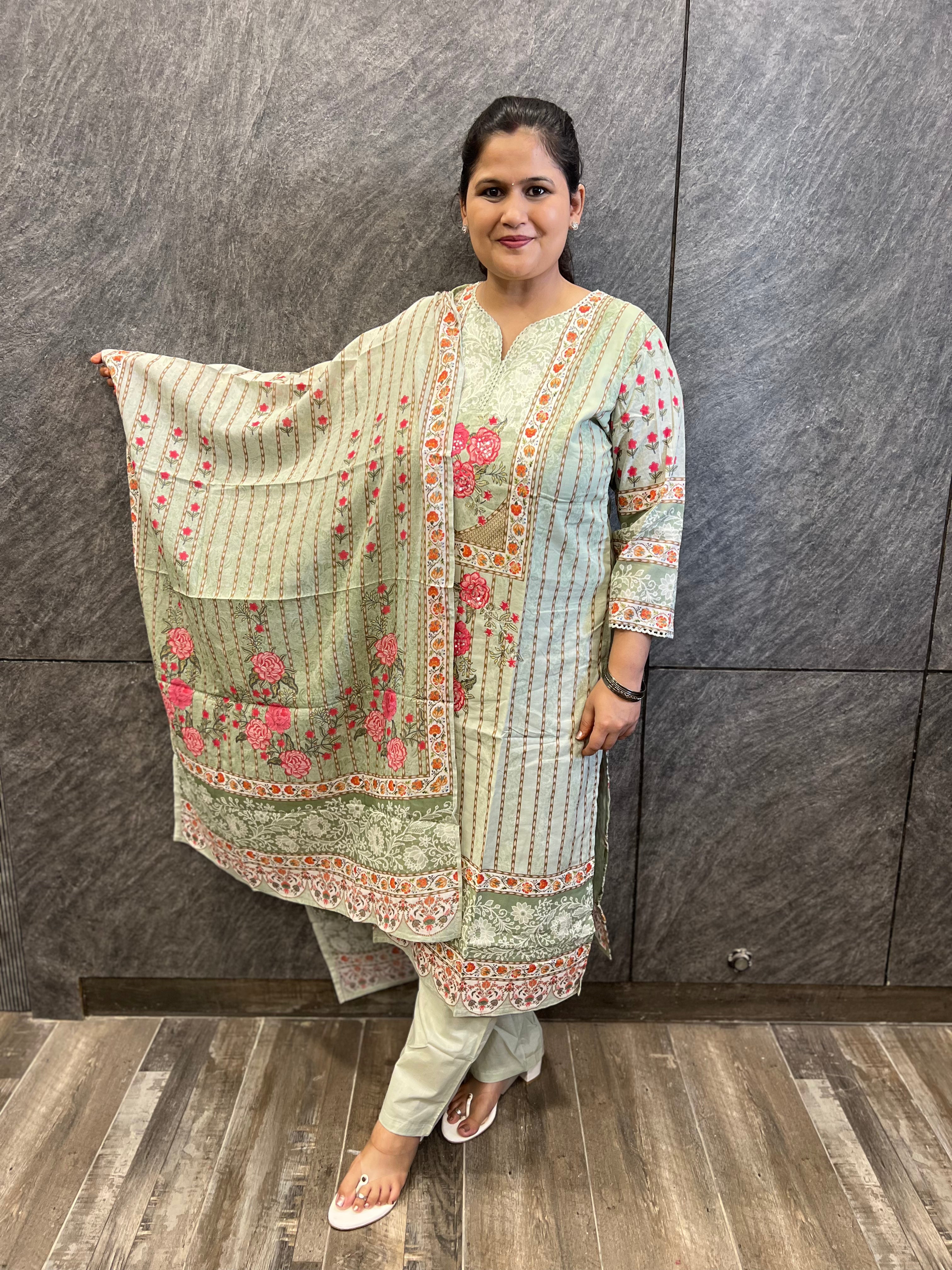 Pastel  Pistachio Premium Cotton Suit Set with Sweetheart Neckline