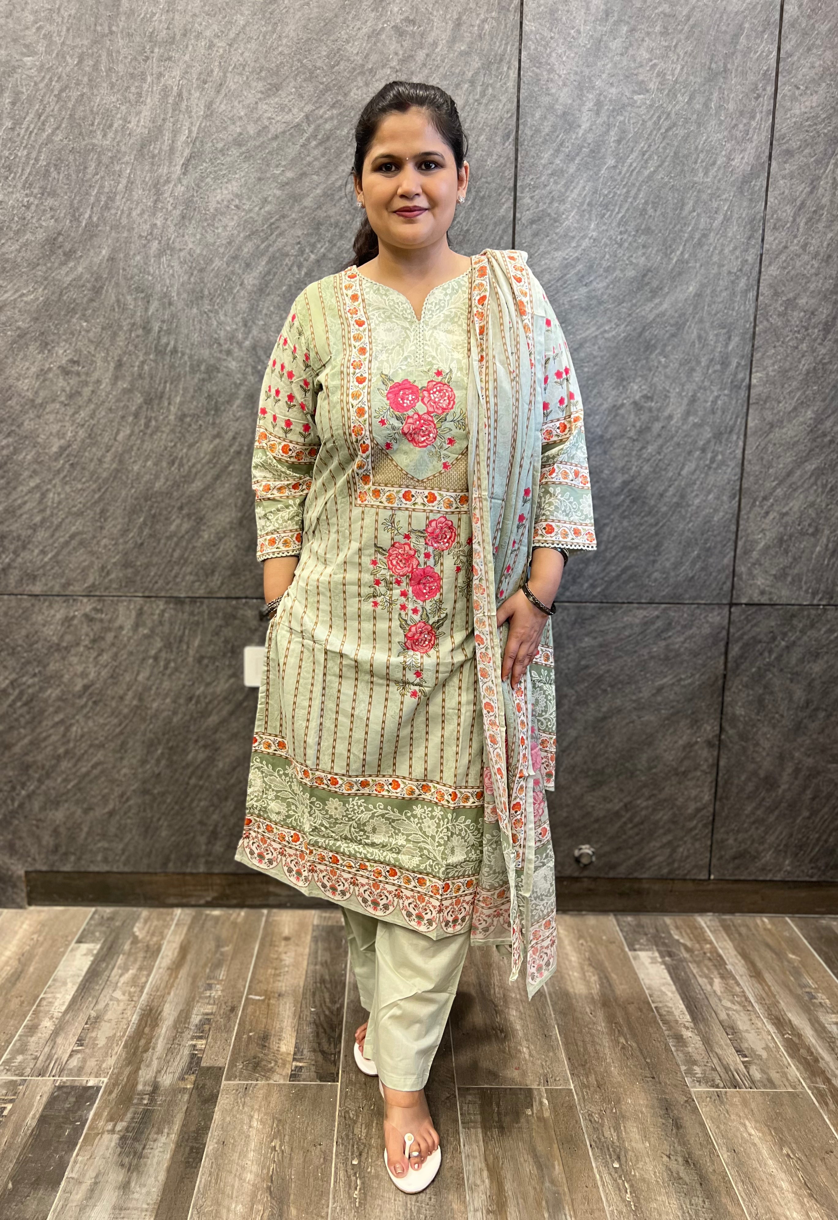 Pastel  Pistachio Premium Cotton Suit Set with Sweetheart Neckline