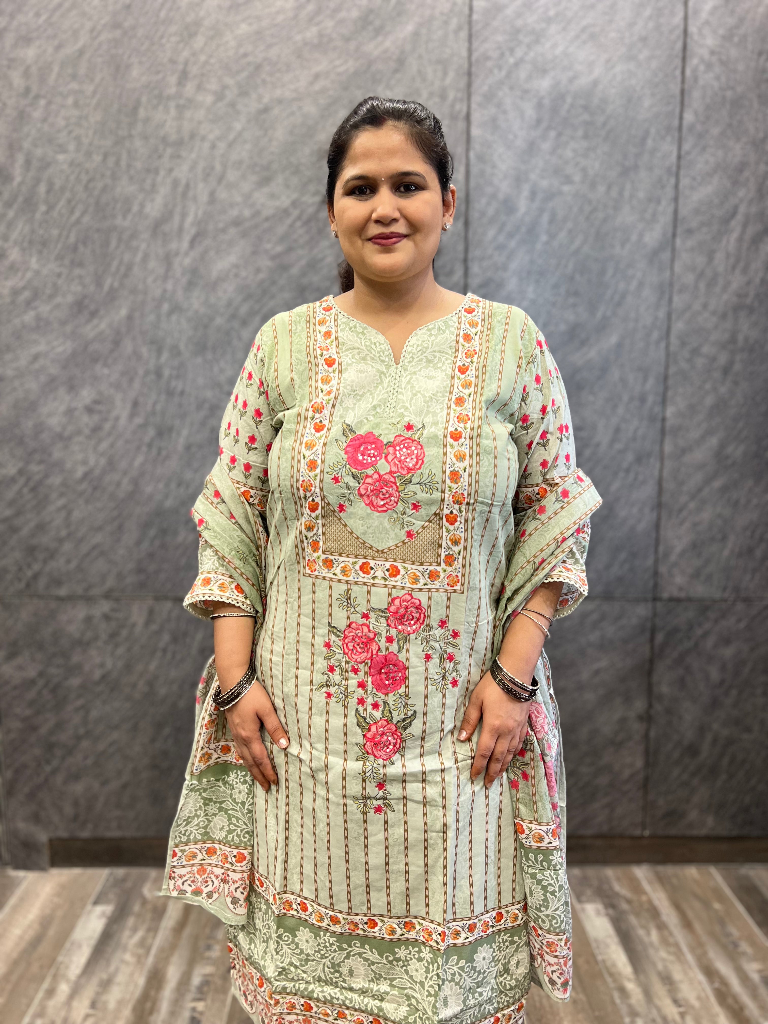 Pastel  Pistachio Premium Cotton Suit Set with Sweetheart Neckline