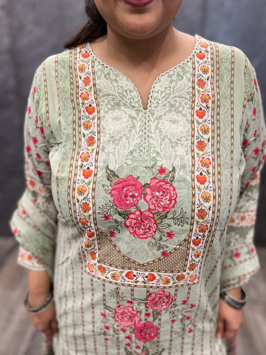 Pastel  Pistachio Premium Cotton Suit Set with Sweetheart Neckline