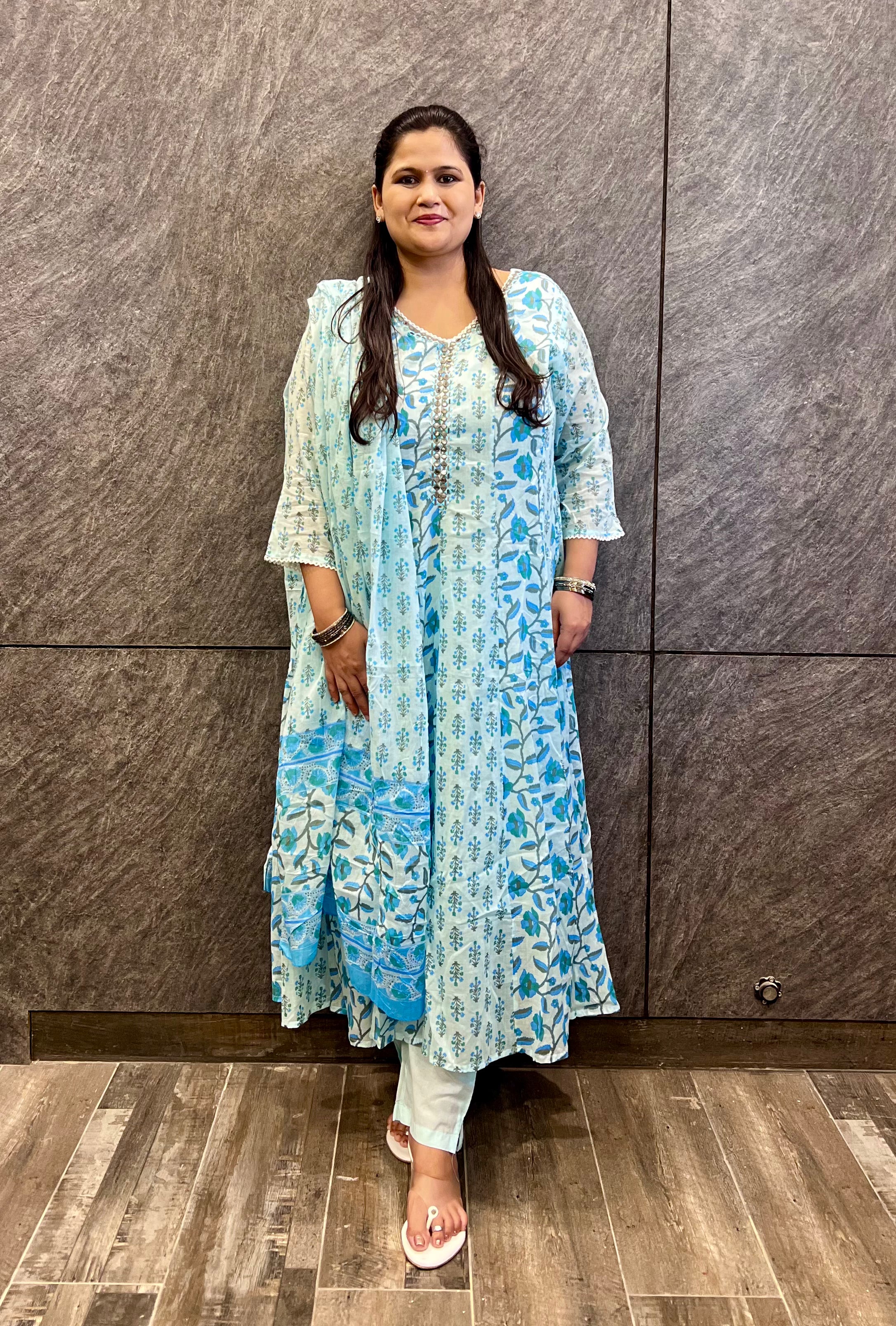 Blue Breeze Floral Anarkali Soft Cotton Suit Set