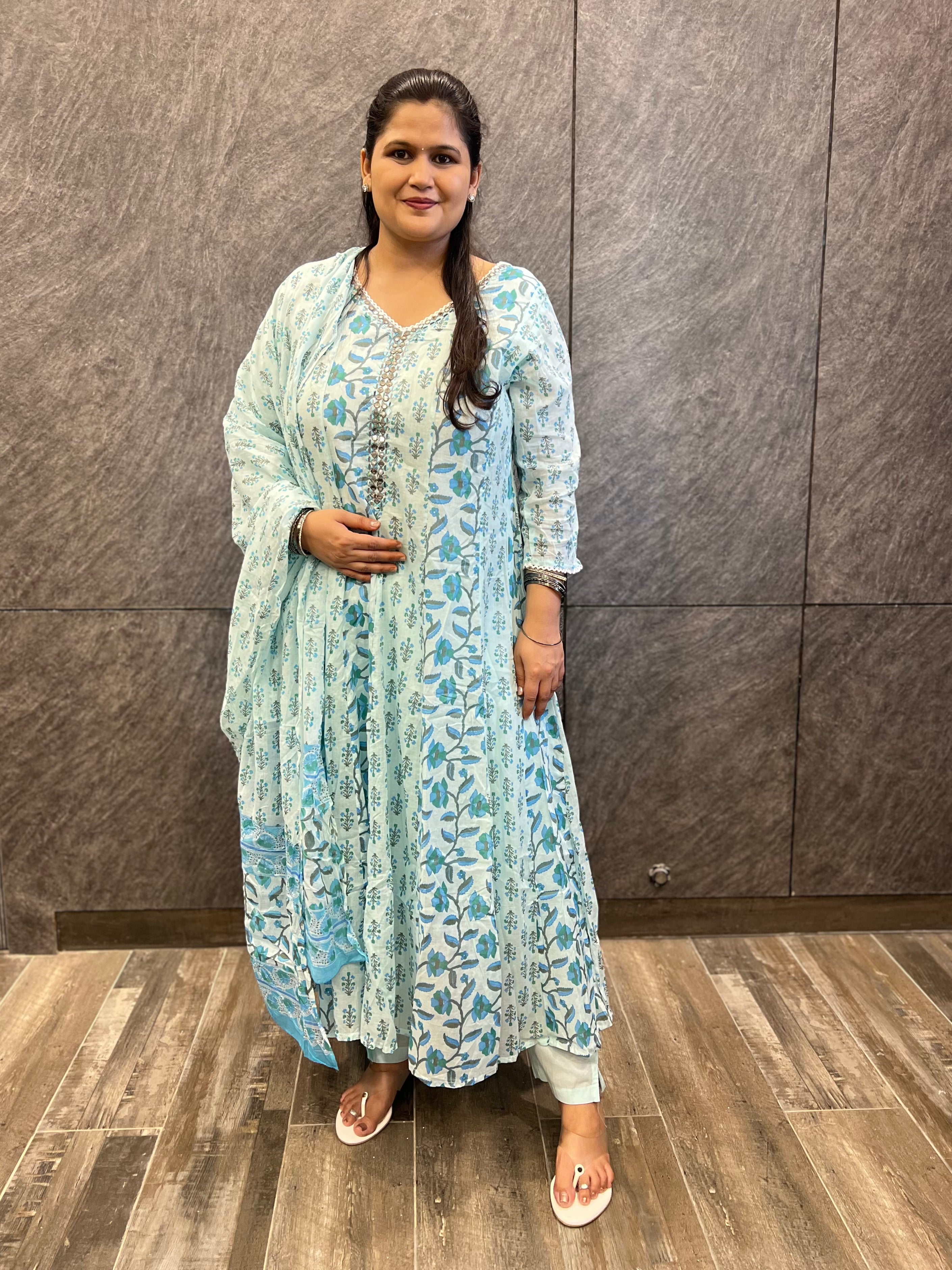 Blue Breeze Floral Anarkali Soft Cotton Suit Set