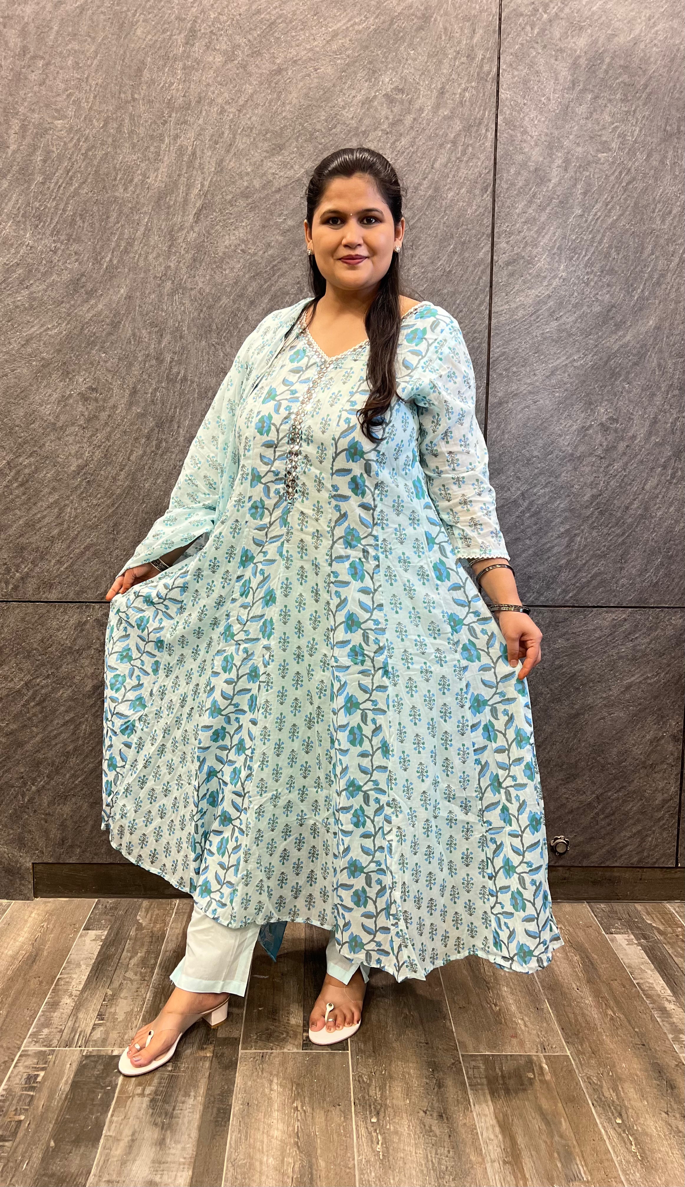 Blue Breeze Floral Anarkali Soft Cotton Suit Set