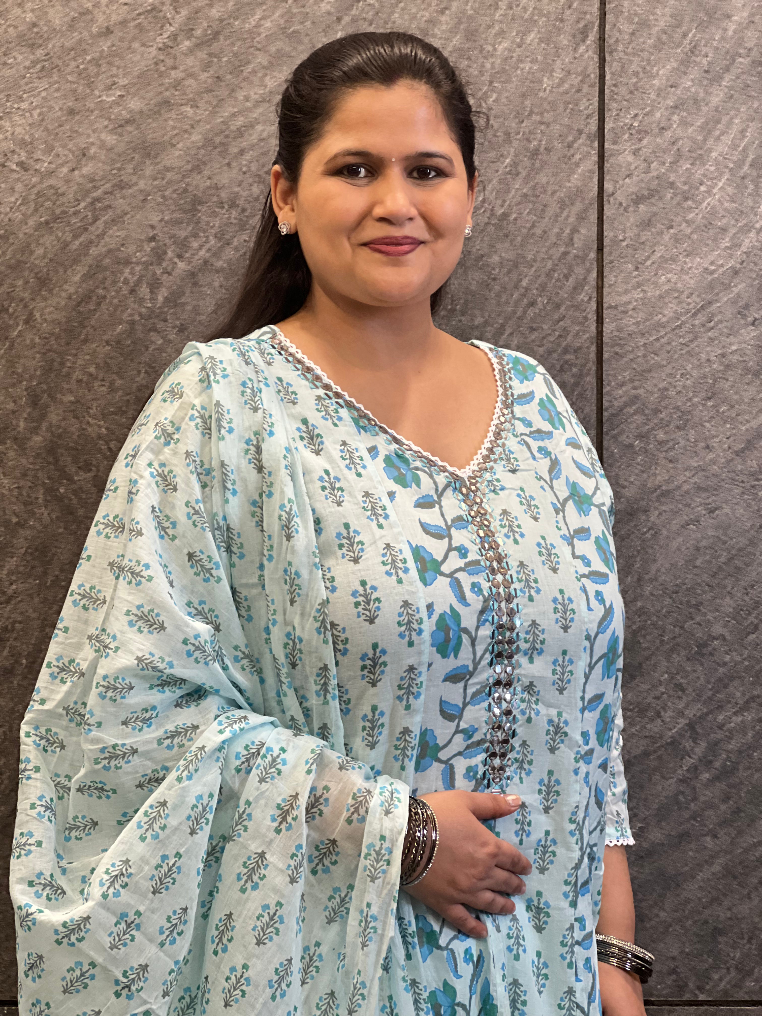 Blue Breeze Floral Anarkali Soft Cotton Suit Set