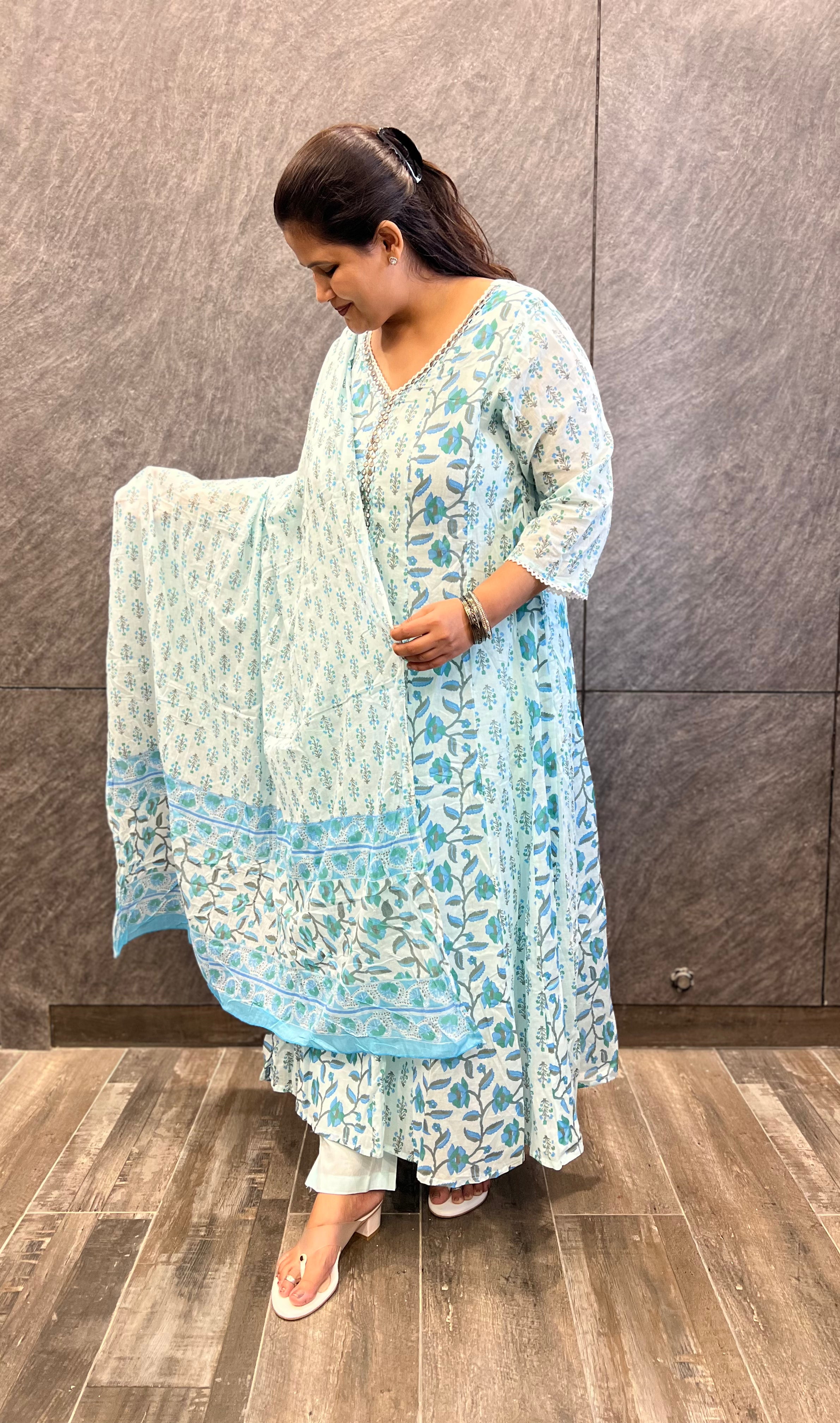 Blue Breeze Floral Anarkali Soft Cotton Suit Set