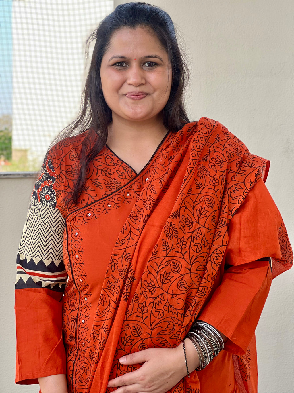 Rust Orange Printed Cotton Kurta Suit Set