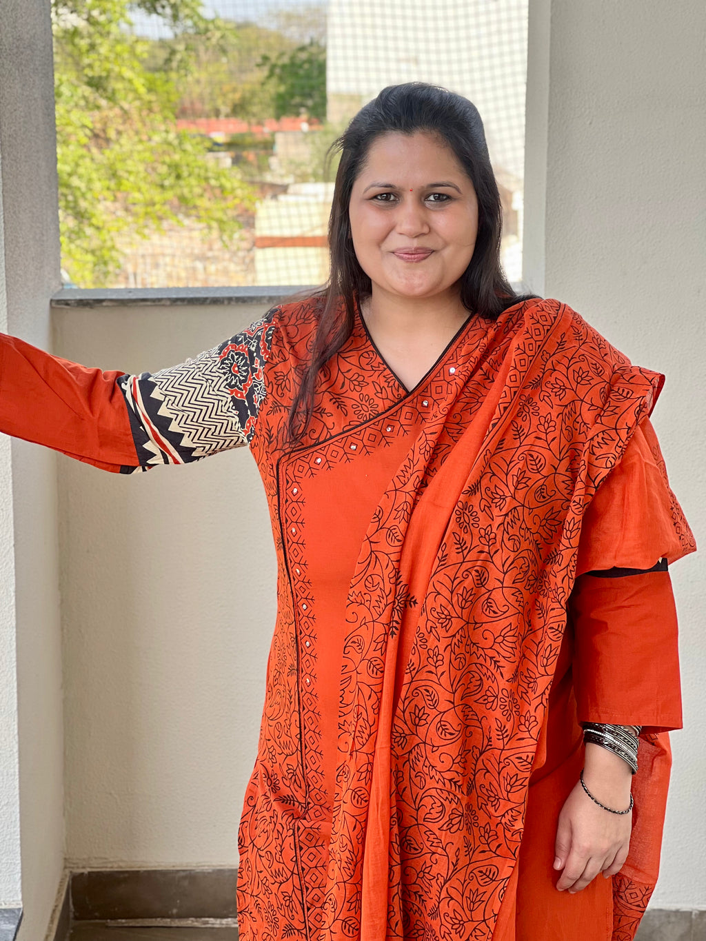 Rust Orange Printed Cotton Kurta Suit Set