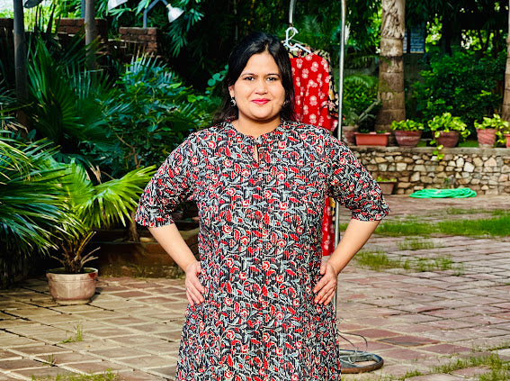 Black Kantha Printed Cotton A-Line Kurta
