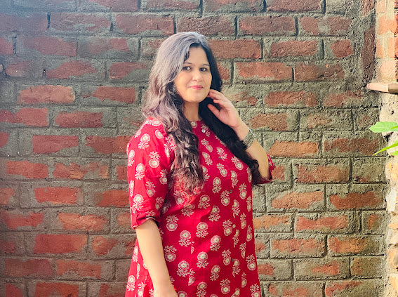 Red Printed Cotton A-Line Kurta