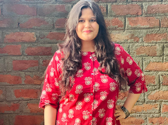 Red Printed Cotton A-Line Kurta