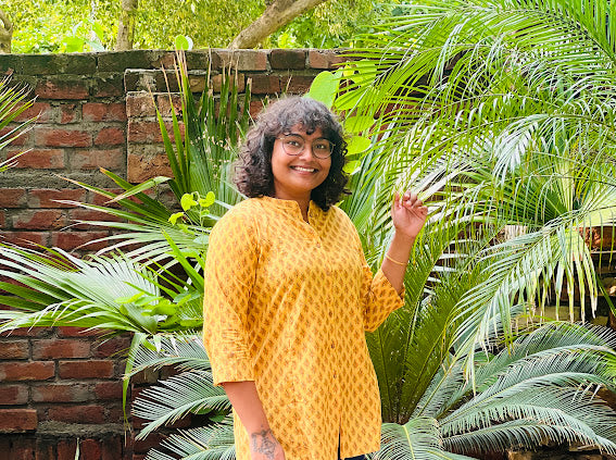 Yellow Printed Cotton Short Kurti