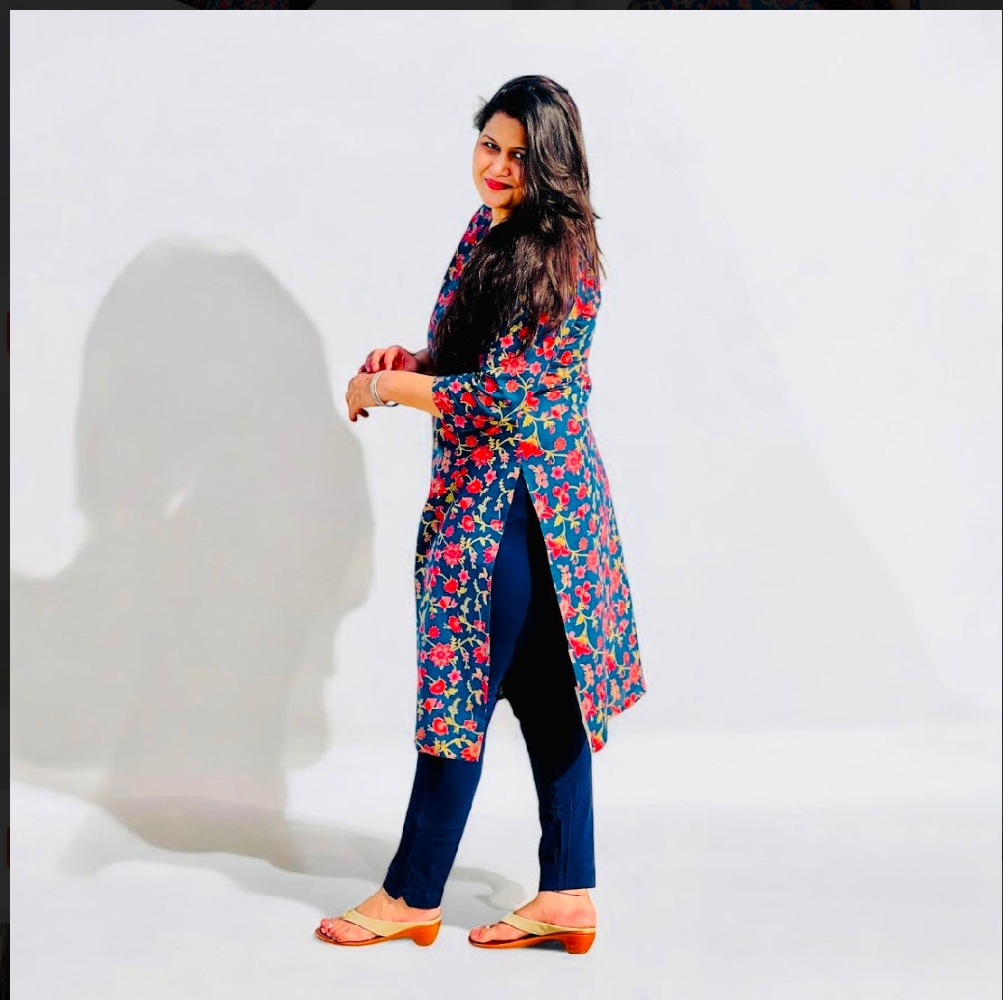 Blue V- Neck Printed Kurta