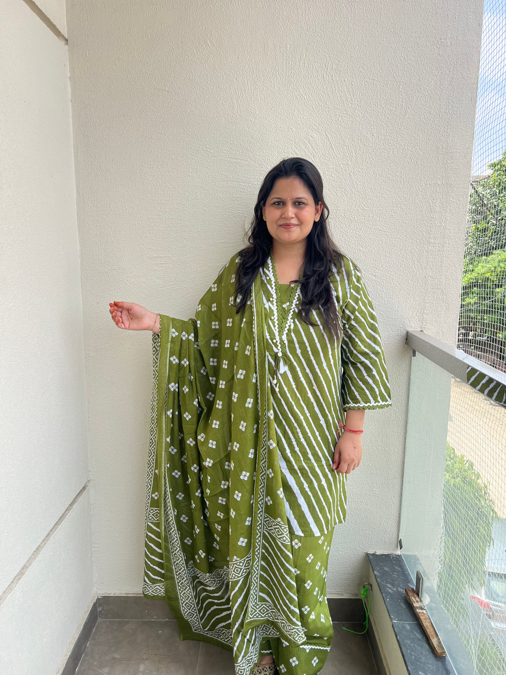 Green Printed Cotton Suit Set with Farshi Salwar